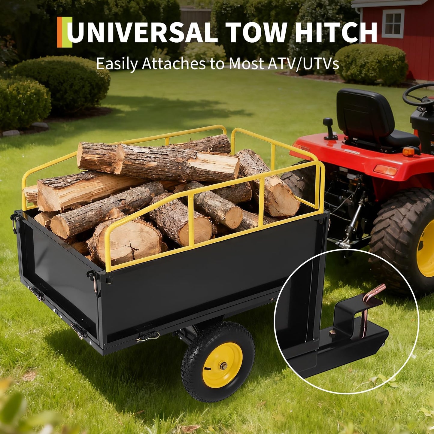 Garvee ATV UTV Trailer Tow Behind Dump Cart, 750Lbs 17 Cubic Feet, Heavy Duty Yard Garden Trailer Pull Behind Dump Trailer for Lawn Mower Tractor