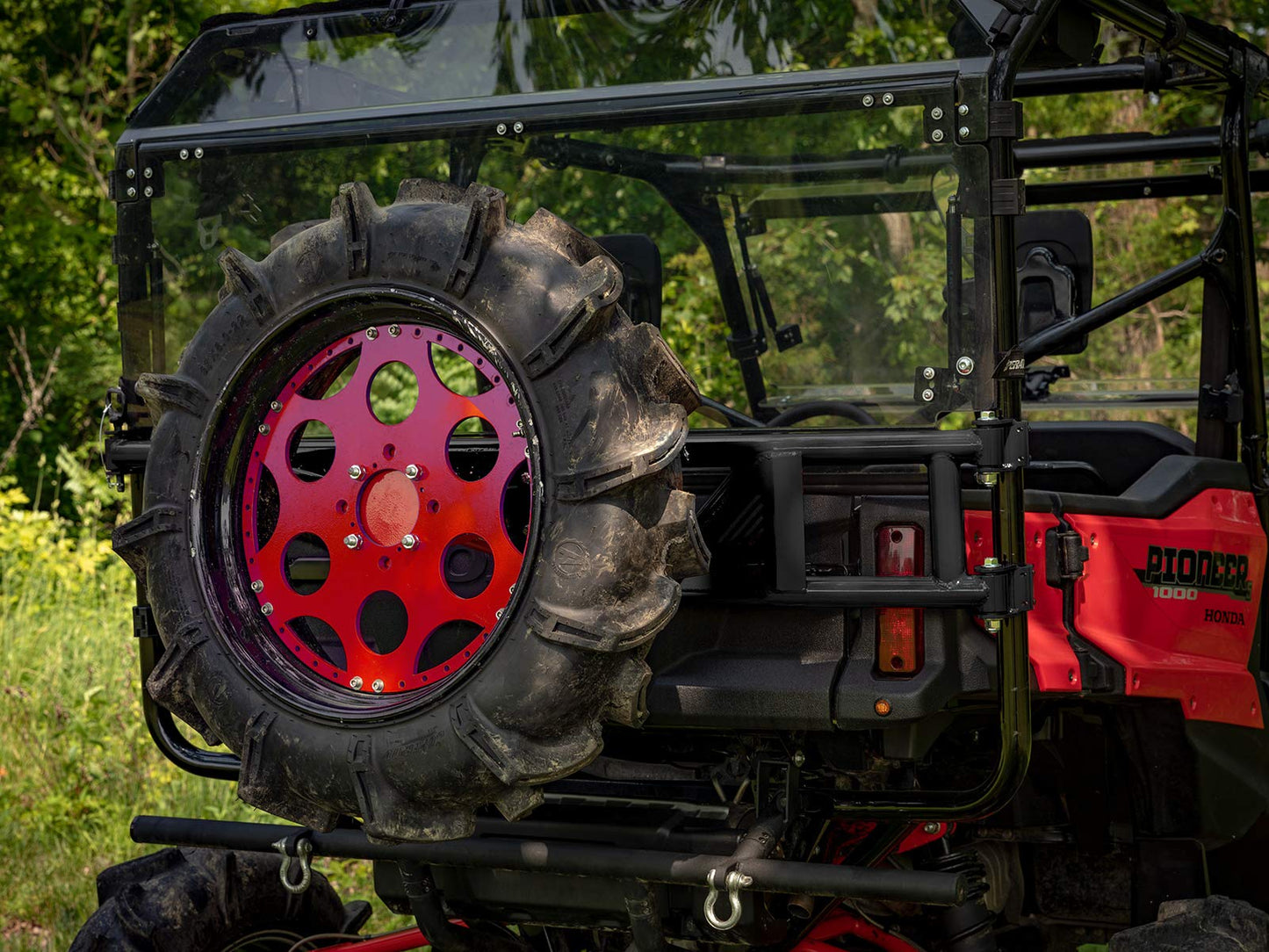 SuperATV UTV Spare Tire Carrier Compatible with 2016+ Honda Pioneer 1000-5/1000-5 Deluxe, 2017+ 1000-5 Limited Edition, No Drilling or Welding, Tires (up to 70 pounds), See Fitment, USA Made
