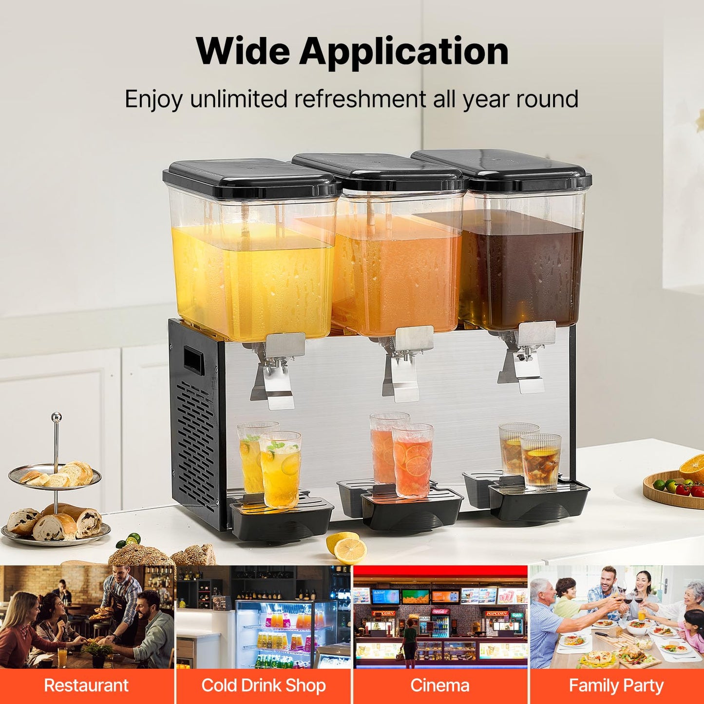 VEVOR Commercial Beverage Dispenser, 3 Tanks Juice Dispenser, 18 L / 19 QT Per Tank, 512W Stainless Steel Ice Tea Drink Machine with 45℉ to 54℉ Cooling Temp, for Cold Drink Restaurant Bar Party