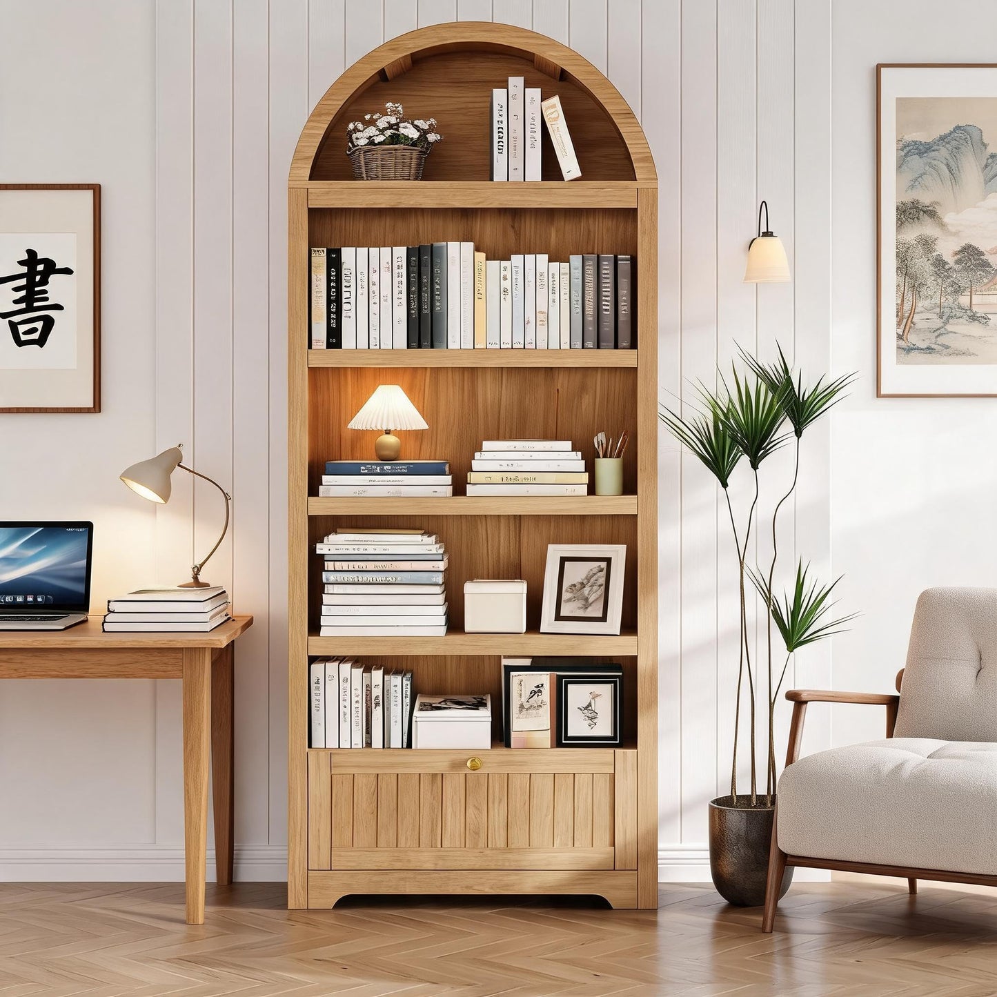 IDEALHOUSE Arched Bookcase with Drawer, 72 Inch Tall Bookshelf with Storage Shelves and Wooden Drawer, Display Bookcase for Living Room, Home Office, Natural Oak with Gold Handles