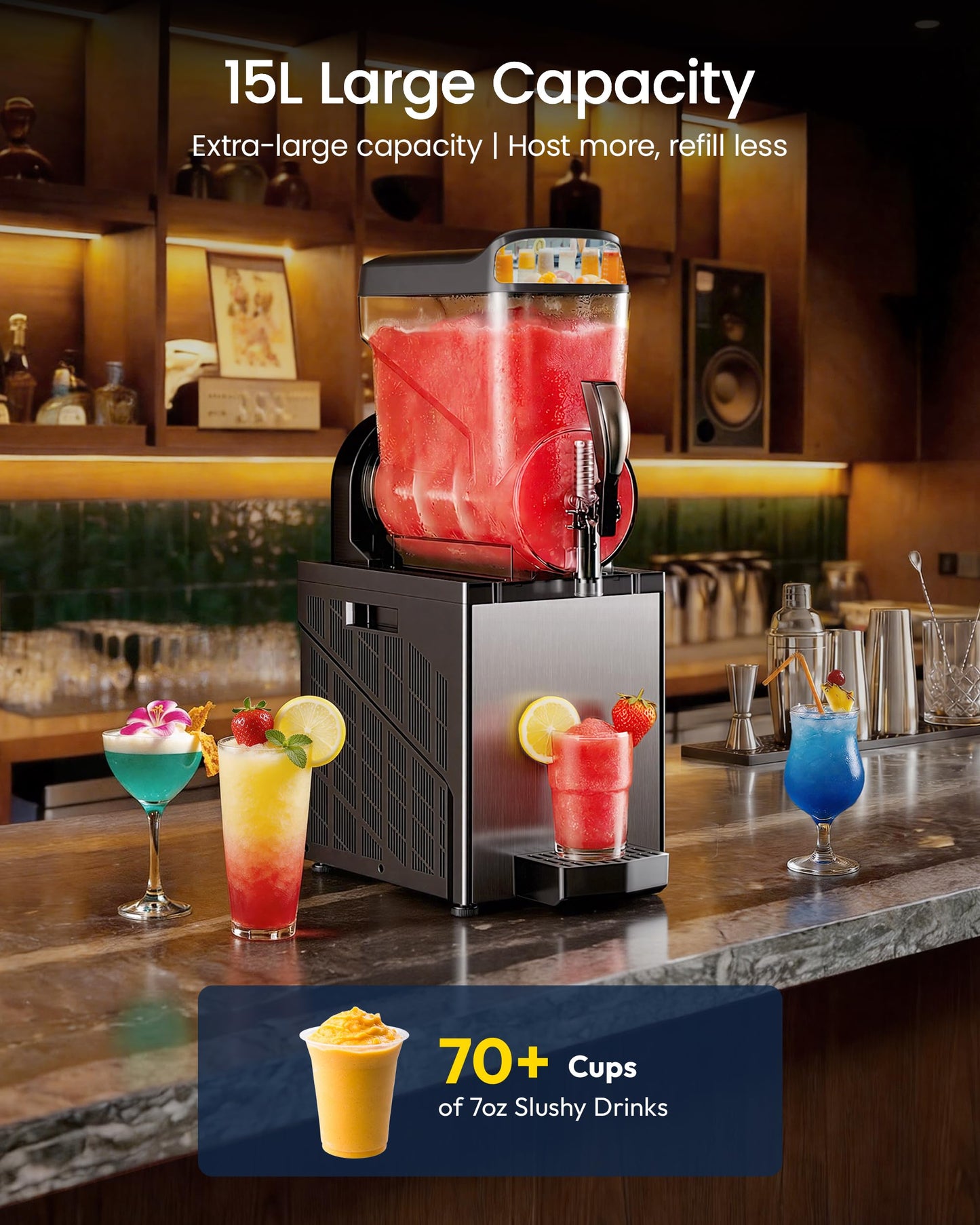ICEVIVAL Commercial Slush Machine, 15L Single Tank Commercial Margarita Machine, No ice needed, 70 Cups Stainless Steel Frozen Drink Machine, Slushy Machine for Home Party Restaurants Cafe Bars