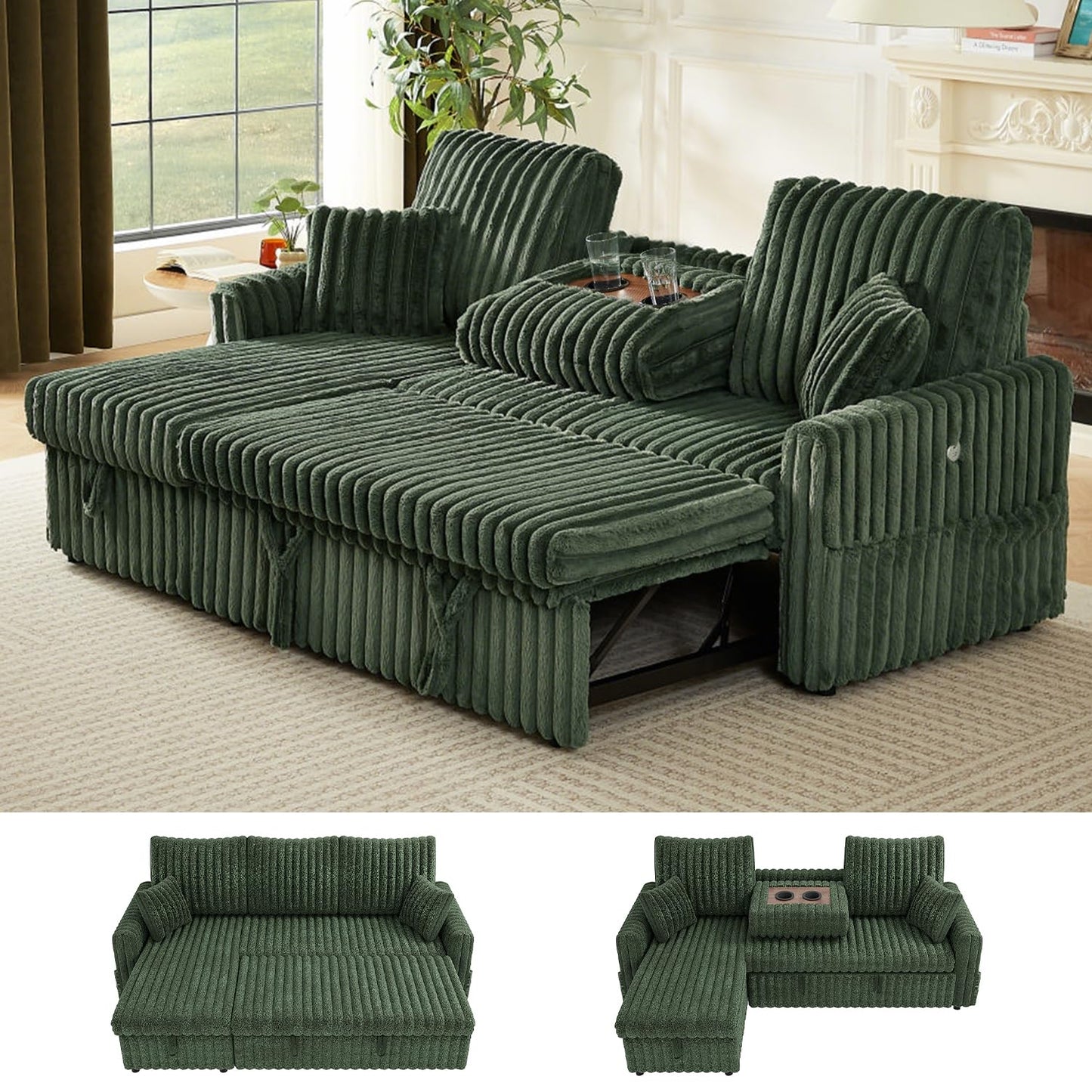 KCGKCG Sleeper Sofa Bed, 81” Pull Out Couch Bed with Reversible Storage Chaise, 3 in 1 L-Shaped Couch with Charging Station, Cup Holder, Side Pocket, Plush Corduroy Couches for Living Room(Green)