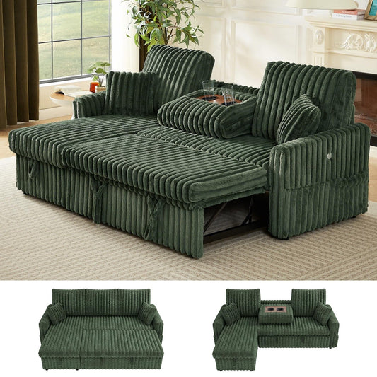 KCGKCG Sleeper Sofa Bed, 81” Pull Out Couch Bed with Reversible Storage Chaise, 3 in 1 L-Shaped Couch with Charging Station, Cup Holder, Side Pocket, Plush Corduroy Couches for Living Room(Green)
