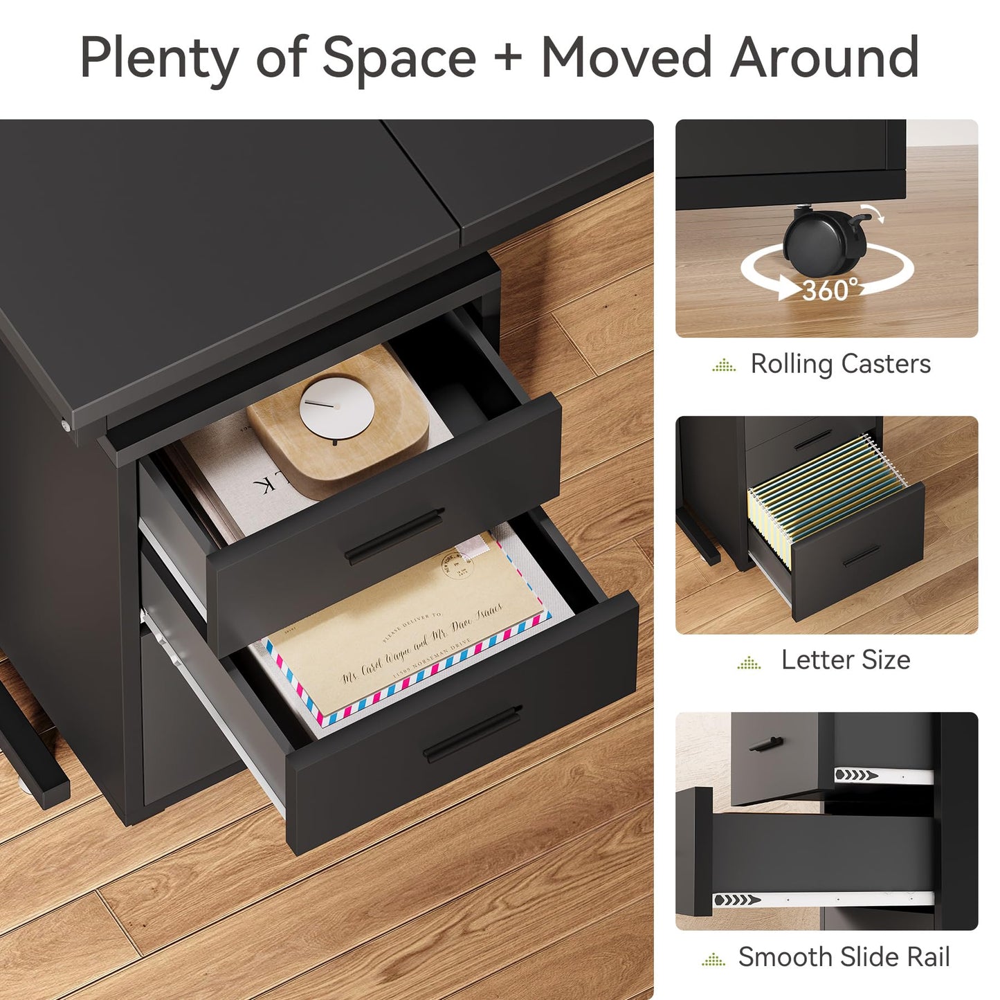 LITTLE TREE 82.67" Long Executive Desk Large L-Shaped Computer Office Desk with 3-Drawer Mobile File Cabinet, Industrial Business Furniture Desk Workstation for Home Office, Black