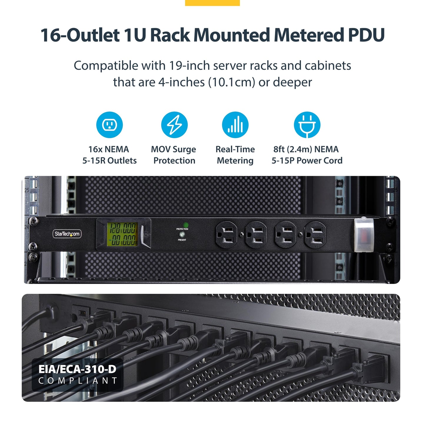 StarTech.com 16-Outlet Horizontal Rack Mount Metered PDU, 1U Server Power Strip w/Surge Protector, 8ft/2.4m Power Cable, TAA
