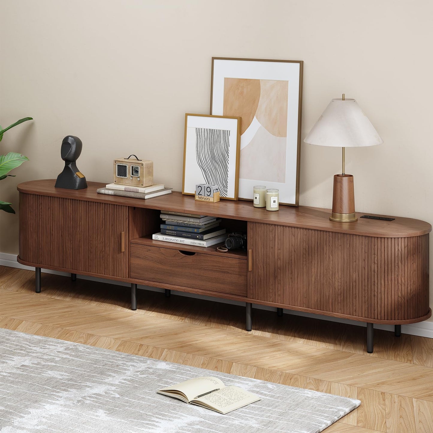 ONBRILL 94.5" TV Stand with Power Outlet for TVs up to 102", Entertainment Center with Storage and Drawer, TV Console w/Adjustable Shelves and Sliding Door, TV Stand for Living Room, Bedroom, Walnut