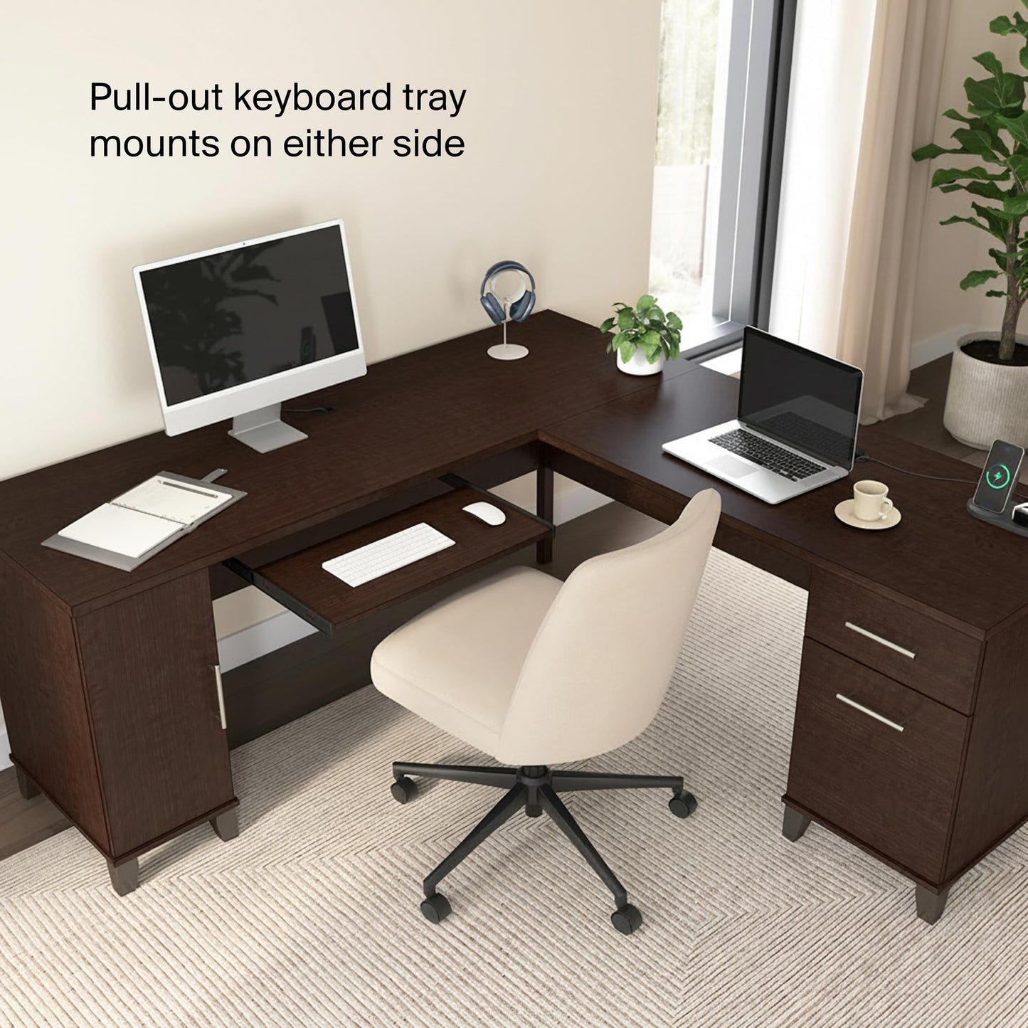 Bush Home 72-Inch L-Shaped Desk with Storage, Corner Computer Office Desk with File and Box Drawers, Home Office Workstation with Storage Cabinet, Somerset Collection, Mocha Cherry