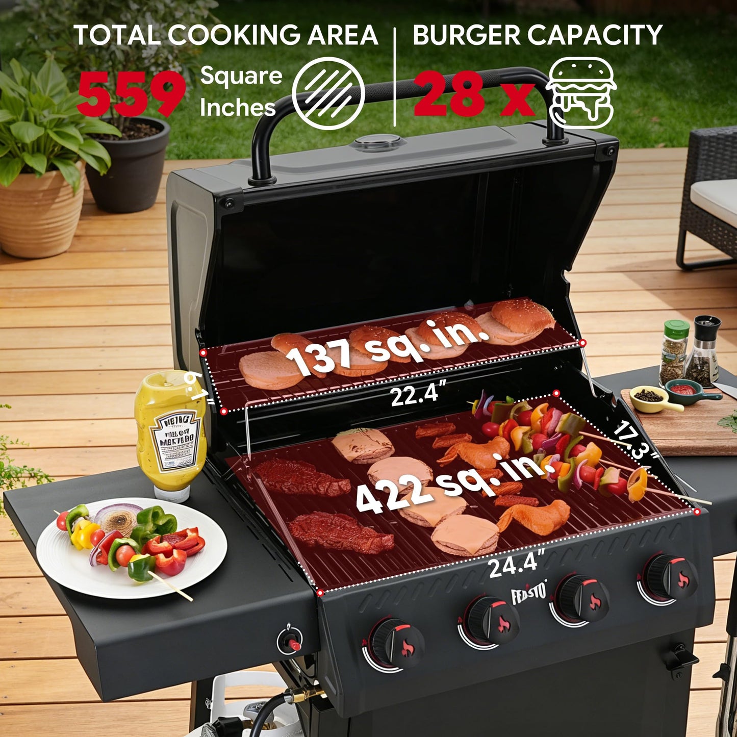 Feasto 4-Burner Gas BBQ Grill with Side Tables, 36,000 BTU Outdoor Propane Grill with Premium Enameled Coated Chamber Body & Porcelain-Enameled Grates for Deck Party & Patio BBQ, 559 Sq. In., Black
