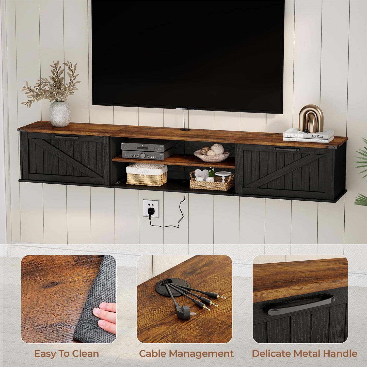 70" Farmhouse Floating TV Stand for TVs up to 90", 2-Tier Floating Entertainment Center with Flip Doors, Floating tv shelf with Storage, Wall Mounted TV Console for Living Room, Bedroom, Black