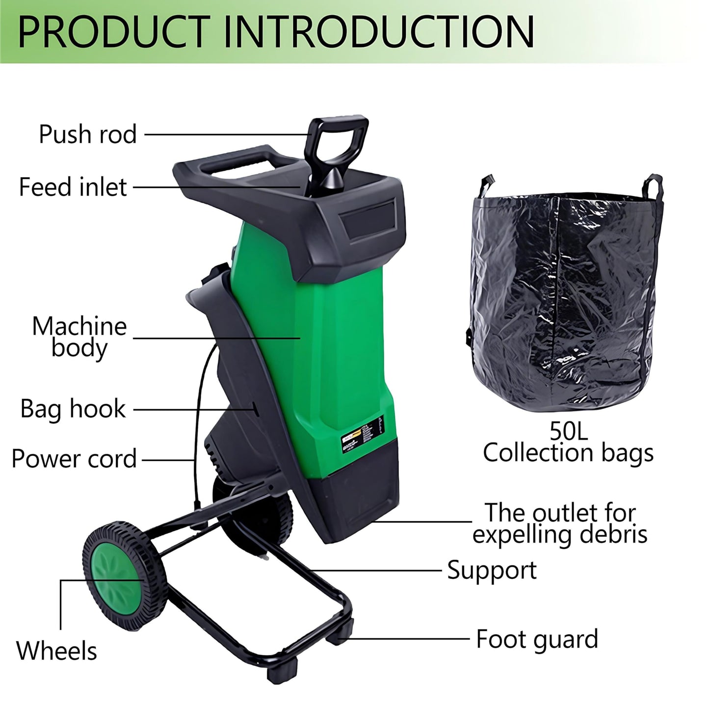 QIUNAOZI Garden Mulcher, 2400W Tree Branch Crushing Machine, Overload/Blockage Protection, 40mm Cutting Capacity, 4500rpm, Reinforced Rotary Double Blade, for Composting and Yard Waste