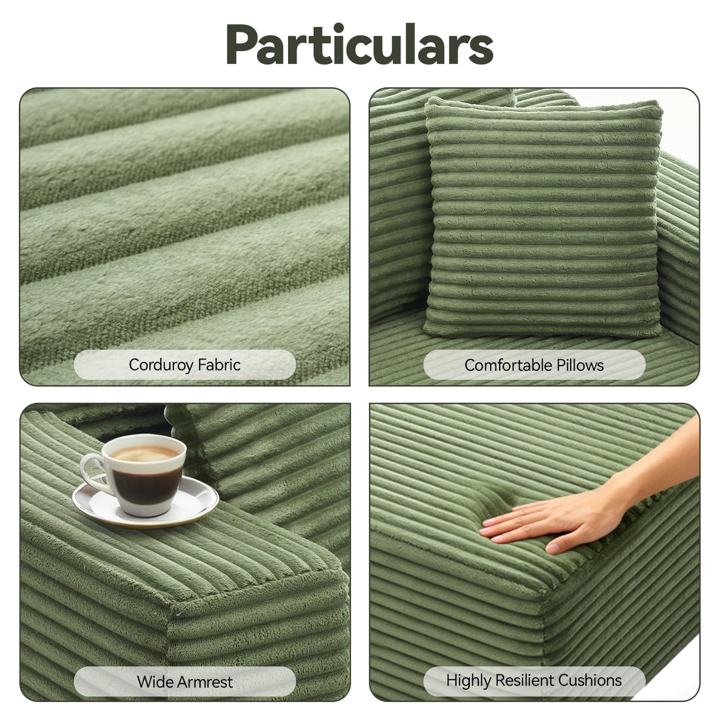 TRUNBACK 106" Modular Sectional Sofa, Green Corduroy Cloud Couch with Right Chaise, Deep Seat Boneless Floor Sofa for Living Room, High-Resilience Foam Support, No Assembly Required, Includes Pillows