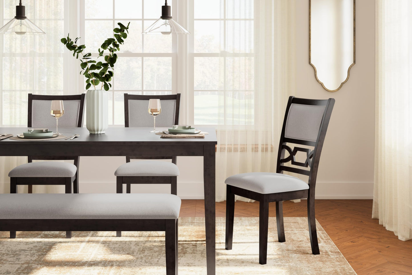 Signature Design by Ashley Langwest Dining Room Table Set, 4 Upholstered Chairs and Bench, Seats 6, Cushioned Seats, Wood, Cherry Brown