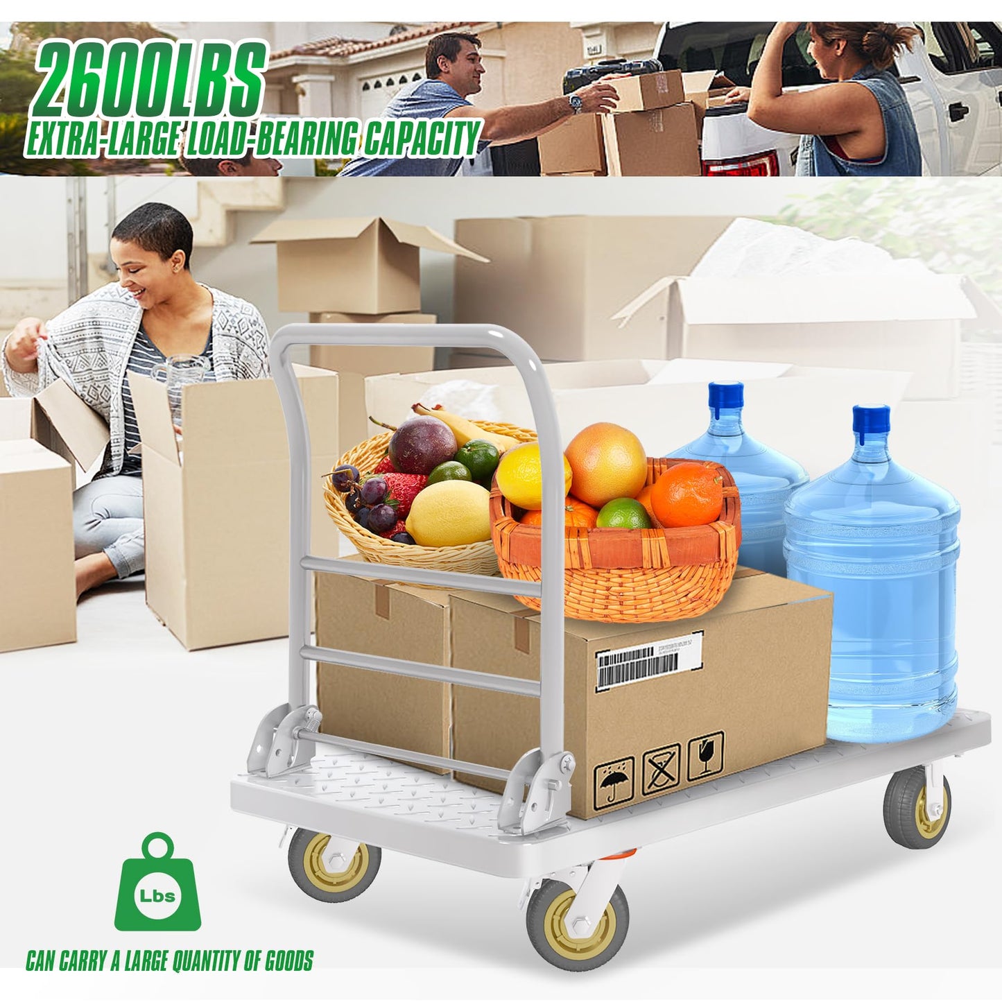Platform Truck with Brake System 2600lbs Capacity Heavy Duty Push Cart Dolly Foldable Flatbed Cart with 5'' Swivel Wheels Large Steel Platform Dolly Cart for Groceries, Garage, Warehouse (24" x 48")