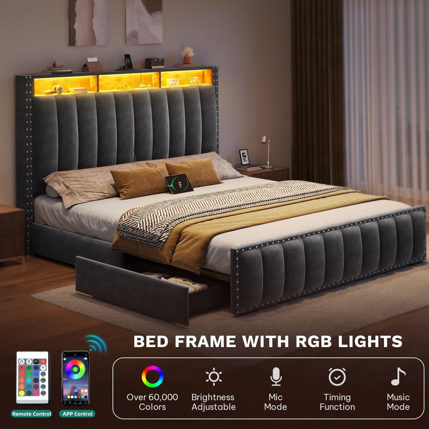 DWVO Queen Size Bed Frame with 4 Storage Drawers and RGB LED Lights, Velvet Upholstered Platform Bed with Charging Station and Bookcase Storage Headboard, No Box Spring Needed, Easy Assembly, Grey