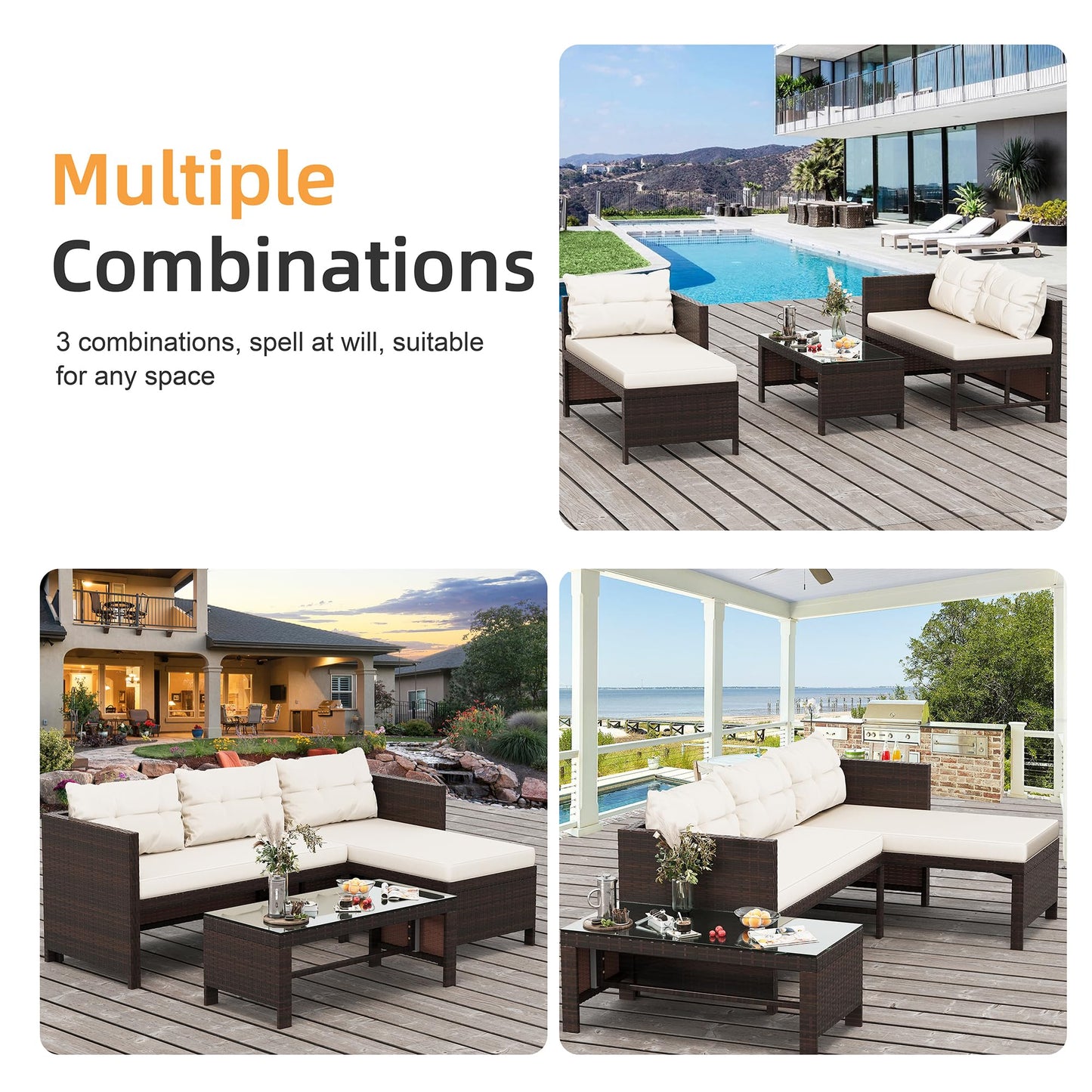 Shintenchi 3-Piece Outdoor Patio Furniture Sets, Wicker Patio Conversation Sets, All Weather Wicker Rattan Patio Seating Sofas with Glass Coffee Table and Cushion, Beige
