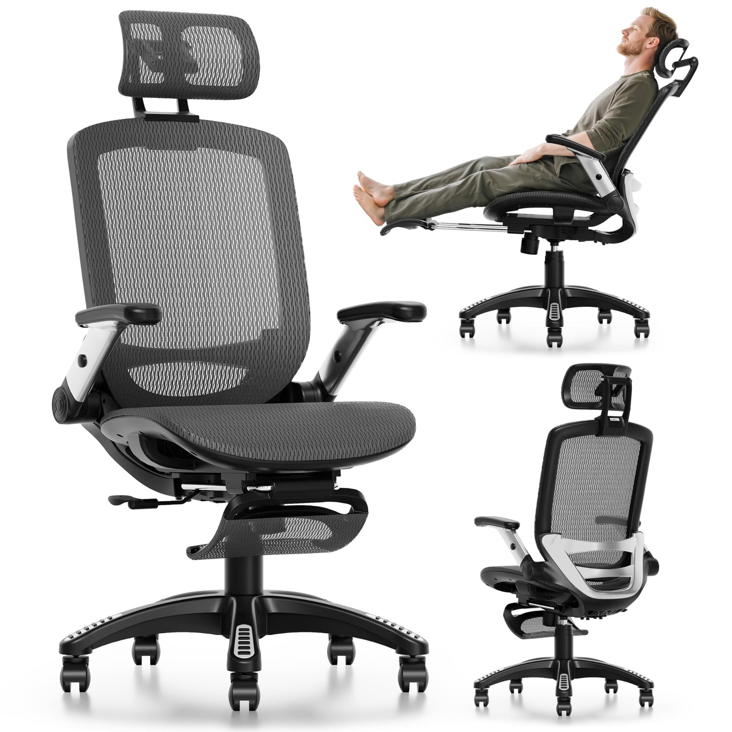 GABRYLLY Ergonomic Office Chair with Footrest, High Back Home Desk Chair - 3D Headrest, Flip-Up Arms, 135° Tilt and Wide Cushion, Heavy Duty Mesh Chairs for Task Computer Gaming, GYB01-FT