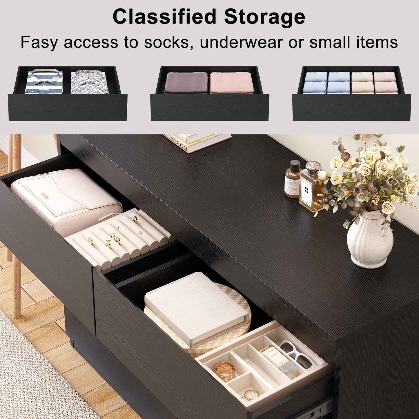 Jocoevol Modern Black 8 Drawer Dresser for Bedroom, 15.3" D x 55.2" W x 32.3" H Simply Chest of Drawers, Wood Storage Dresser with Deep Drawers for Living Room Hallway Entryway, Black