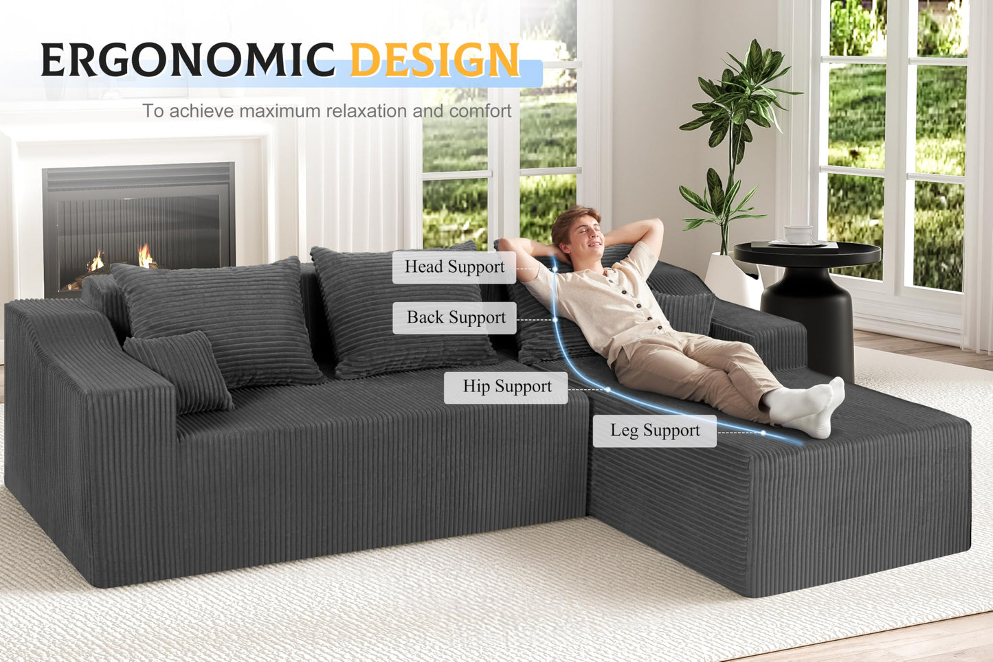 HABUTWAY 105" Modular Sectional Couches for Living Room, Boneless Couch with L-Shape Chaise,Comfy Sofa Living Room Sofas with Deep Seat,No Assembly, Corduroy Fabric(Grey,Right)