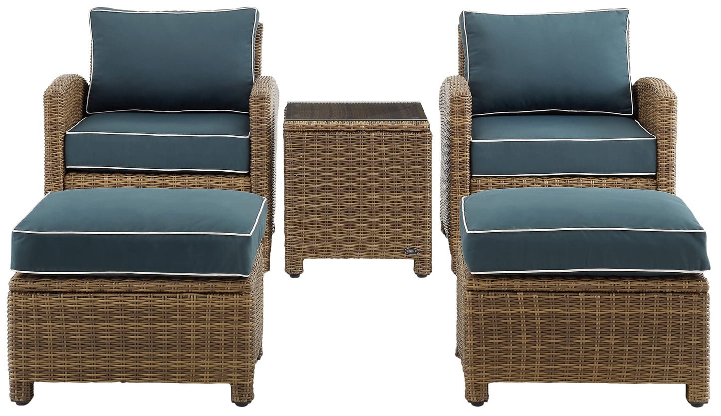 Crosley Furniture Bradenton 5-Piece Outdoor Chair Patio Furniture Set, Wicker Conversation Sets for Porch, Weathered Brown with Navy Cushions