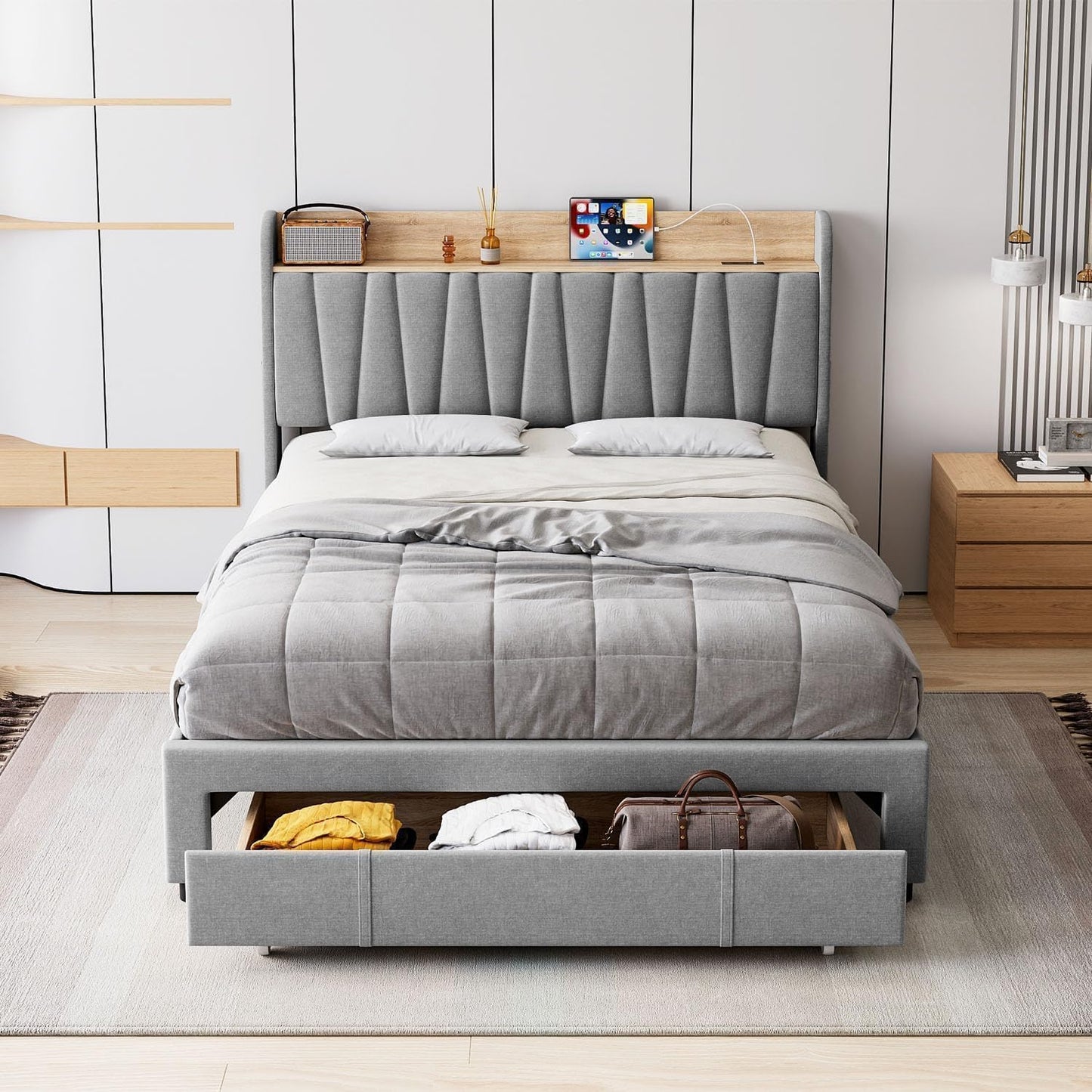 Jojoka Full Size Bed Frame, Upholstered Bedframe with Storage Headboard, Heavy Duty Full Bed with Drawers, Platform Base with Charging Station, Grey
