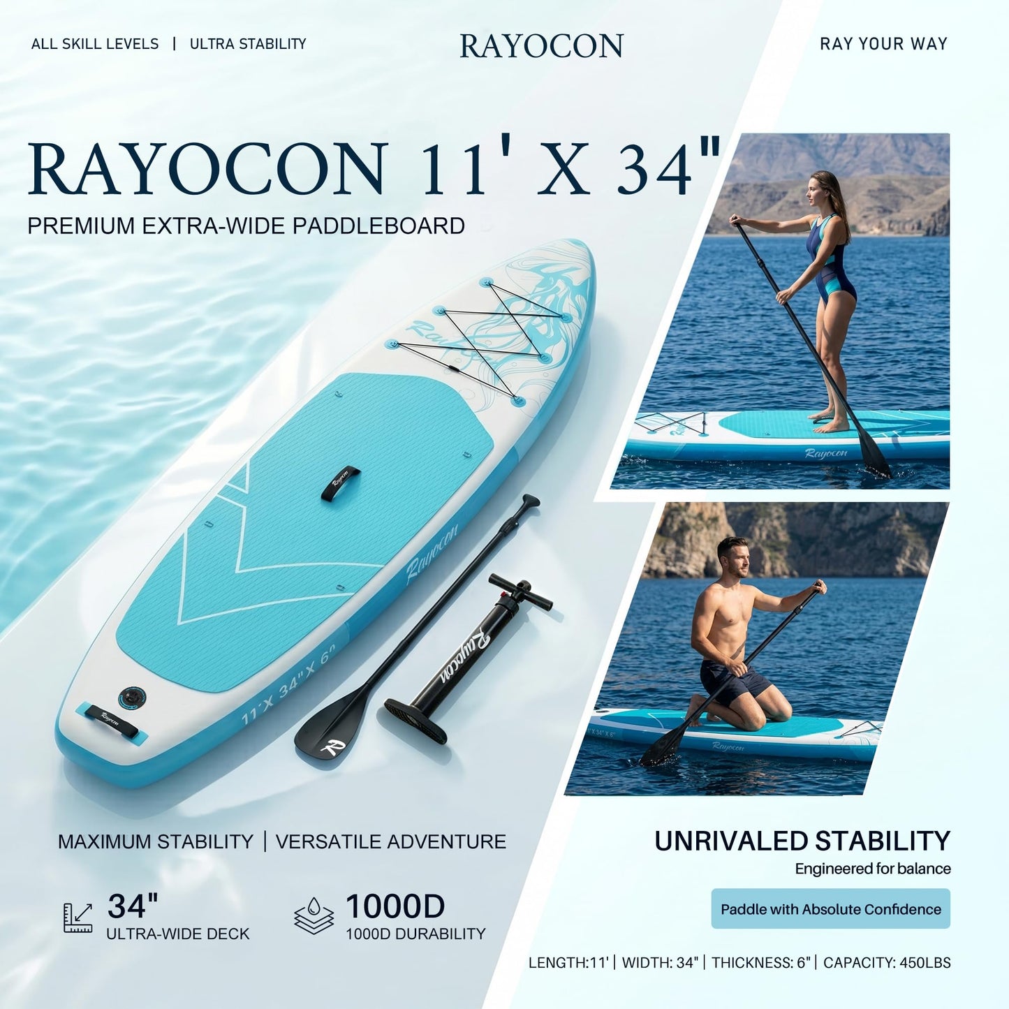Inflatable Stand Up Paddle Board 11'×34" Extra Wide SUP, Ultra-Stable for Adults & Dog, 450lbs, Dual Chamber Pump, Fiberglass Paddle, Military Grade Dual Layer, Jellyfish Flow Design