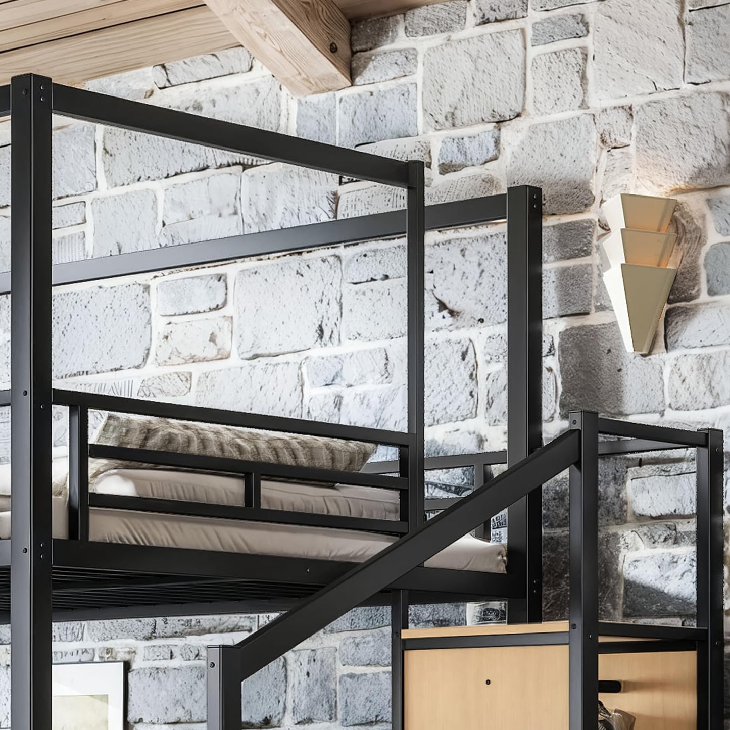 Bellemave Queen Size Loft Bed with Stairs and Wardrobe,Heavy Duty Metal Loft Bed Frame with Canopy for for Kids,Teens,Adults,Natural Wood