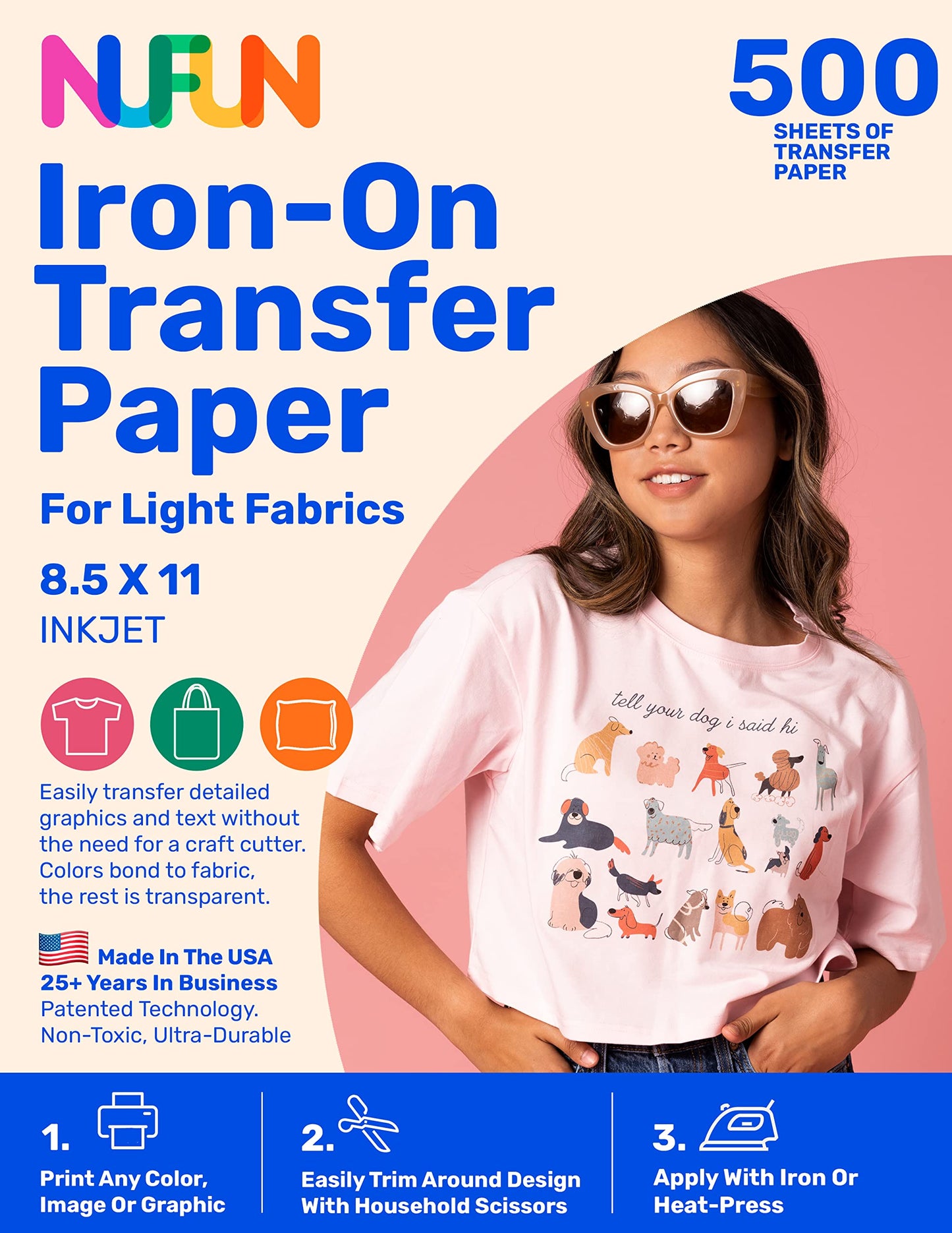 NuFun Activities Printable Iron-on Heat Transfer Paper for T Shirts, Light Fabrics, 500 Sheets 8.5 x 11 inch, Long Lasting, Durable, Professional Quality, Easy DIY, Non-Toxic, Made In the USA