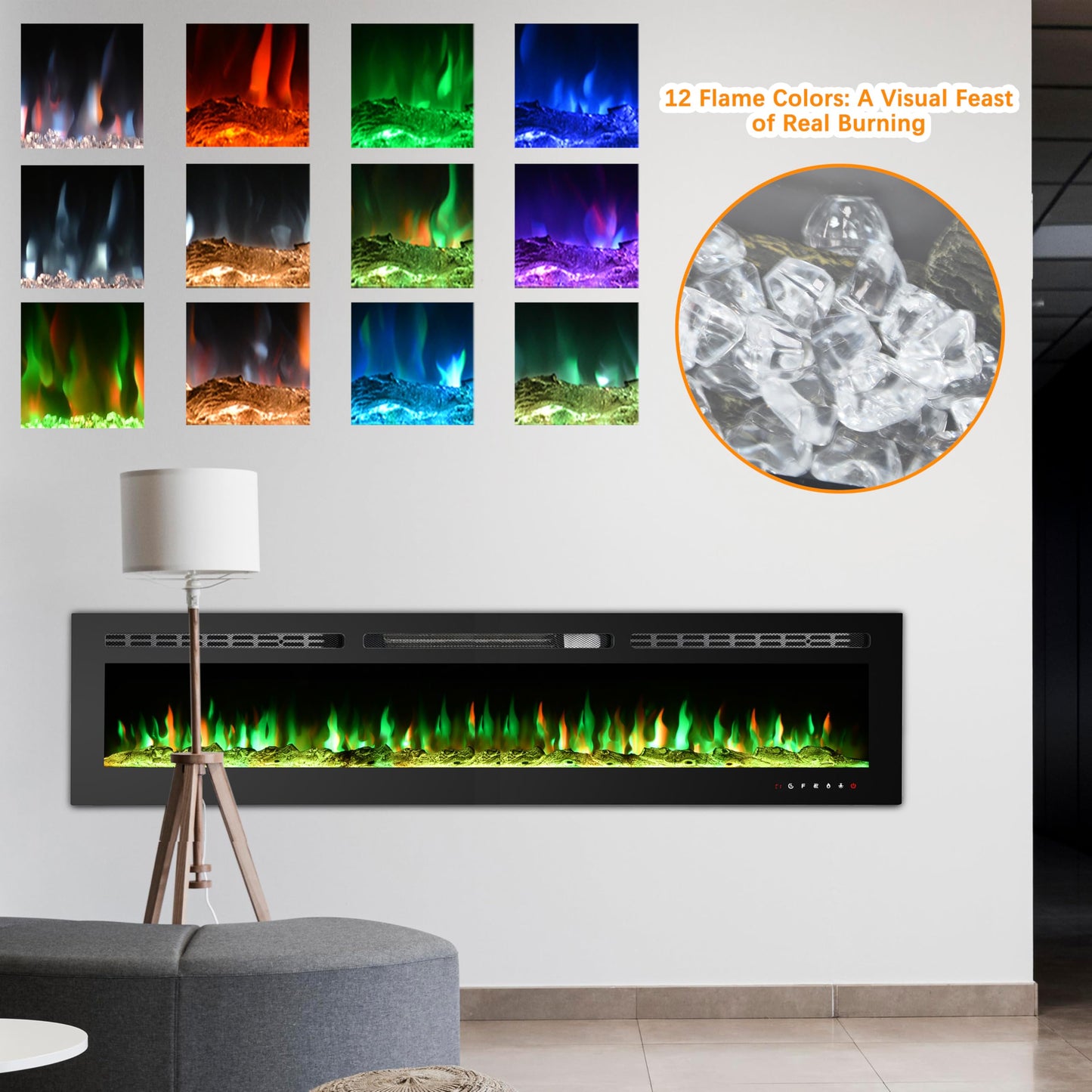 CharaVector 80 inch 750W/1500W Electric Fireplace Inserts with Remote Control in Wall Mounted, Energy Saving LED Insert Fireplace Heater Indoor Glass View with Remote Control & Touch Screen, Black