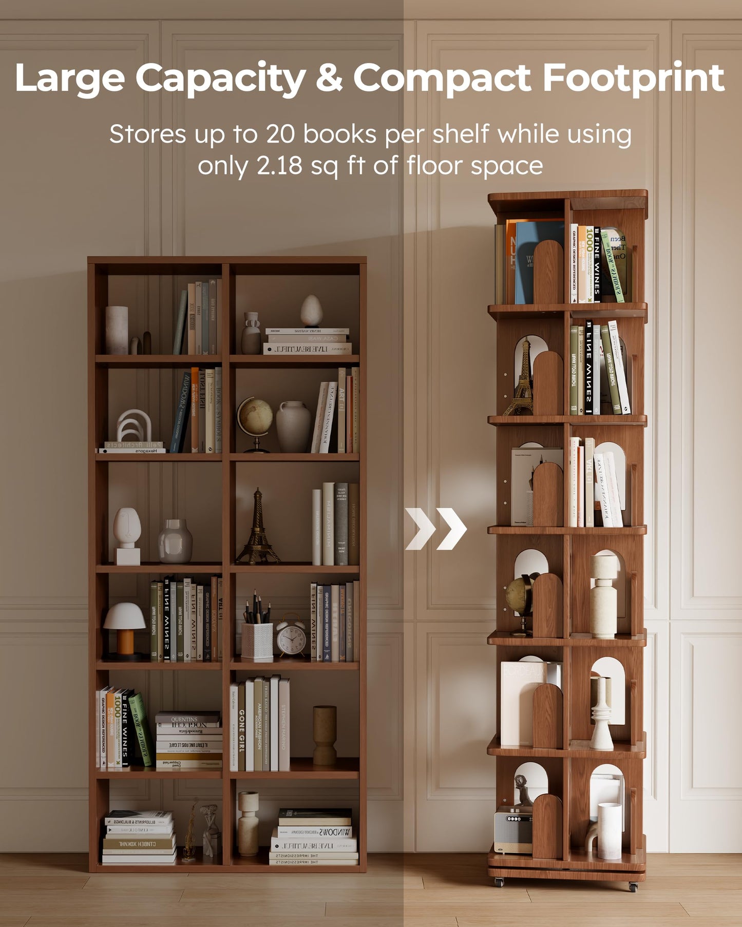 DONGMUWUJEE Solid Wood Rotating Bookshelf Tower with Book Ends, 6 Tier Corner Book Shelf with Wheels, Spinning Bookshelf Kids, Revolving Bookcase Shelf, Tall Narrow Book Case for Small Spaces, Walnut