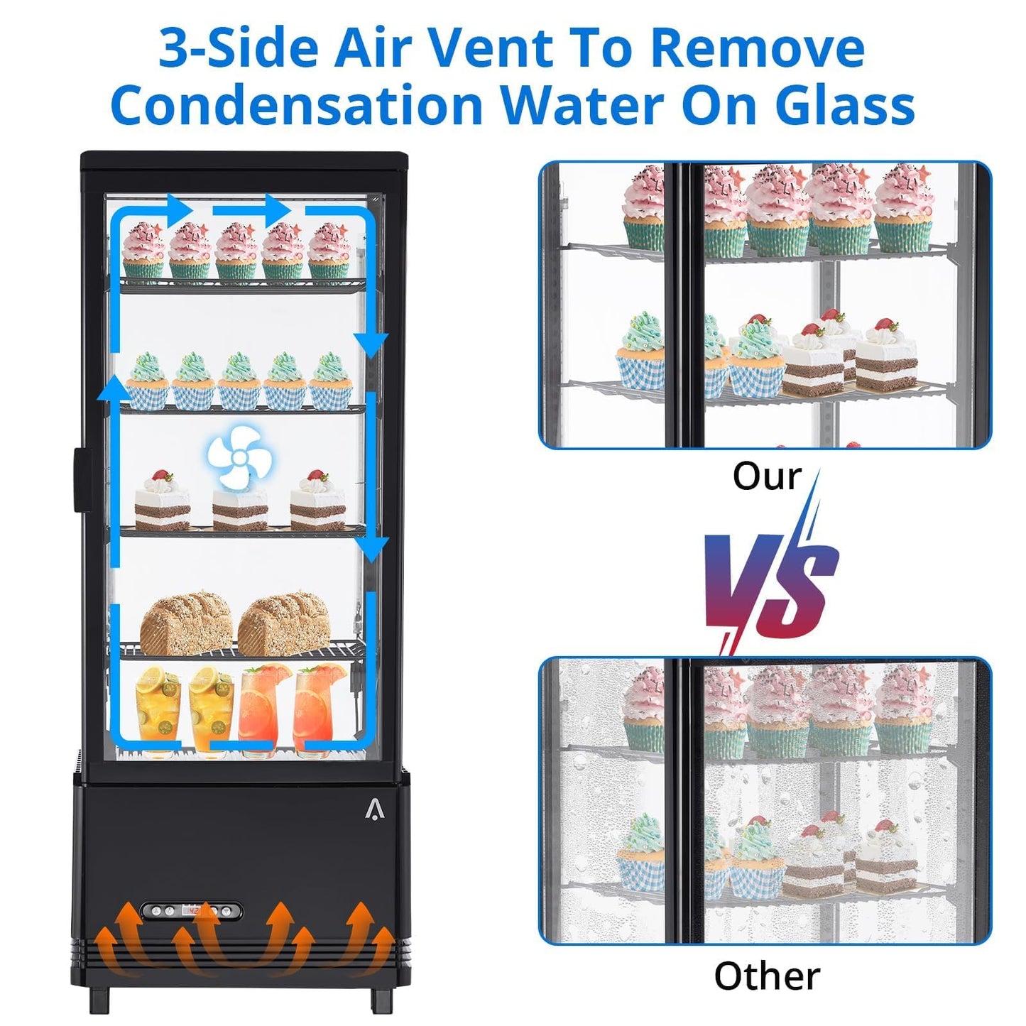 Countertop Display Refrigerator 3.4 Cu.ft, 4-Tier LED Pastry Cooler, Sliding Door, Adjustable Shelves, Commercial Fridge for Bakery Cafe Restaurant, Frost-Free, Black