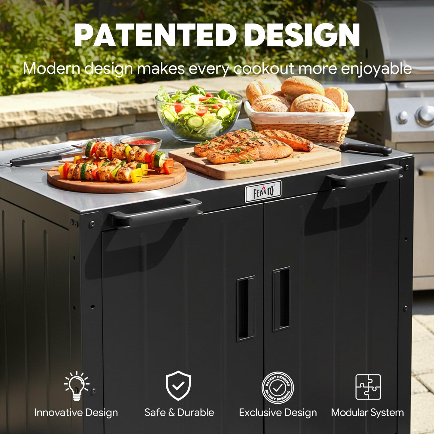 Feasto Outdoor Grill Cart with Storage Cabinet and Stainless Steel Top, 35-Inch Outdoor Grill Station with Door, Modular Kitchen Island for Food Prep and BBQ, Black & Silver