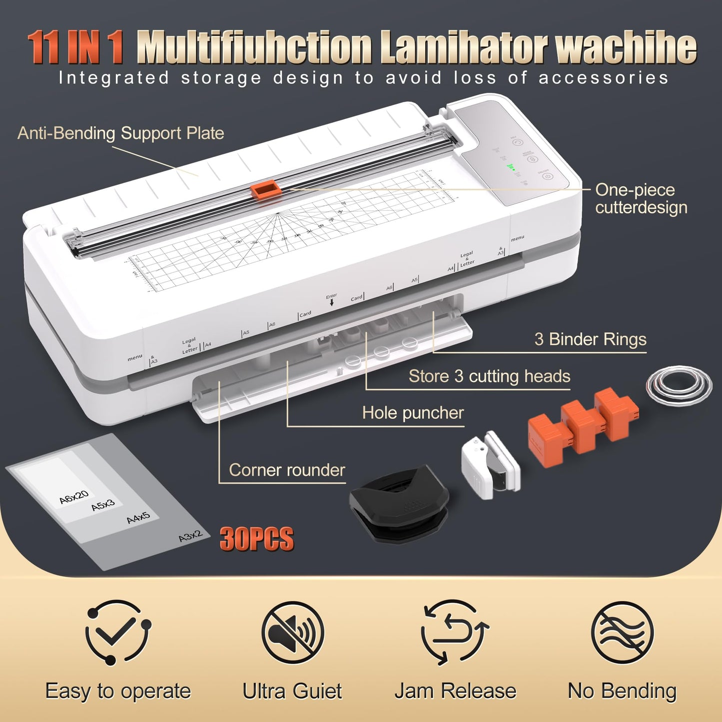 13" 4-Roller Commercial Laminator Machine, Fast 55s Warm-Up&1000mm/min Laminating Speed for Laminating 11x17&A3 Size,Includes 30 Sheets for Office,School(White)