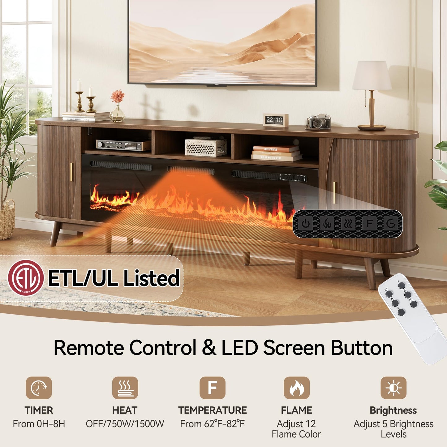 OneBlis 97" Fireplace TV Stand for 100" TV, Mid Century Modern Entertainment Center with 60" Electric Fireplace, Media Console with Sliding Doors & Adjustable Shelves for Living Room, Walnut