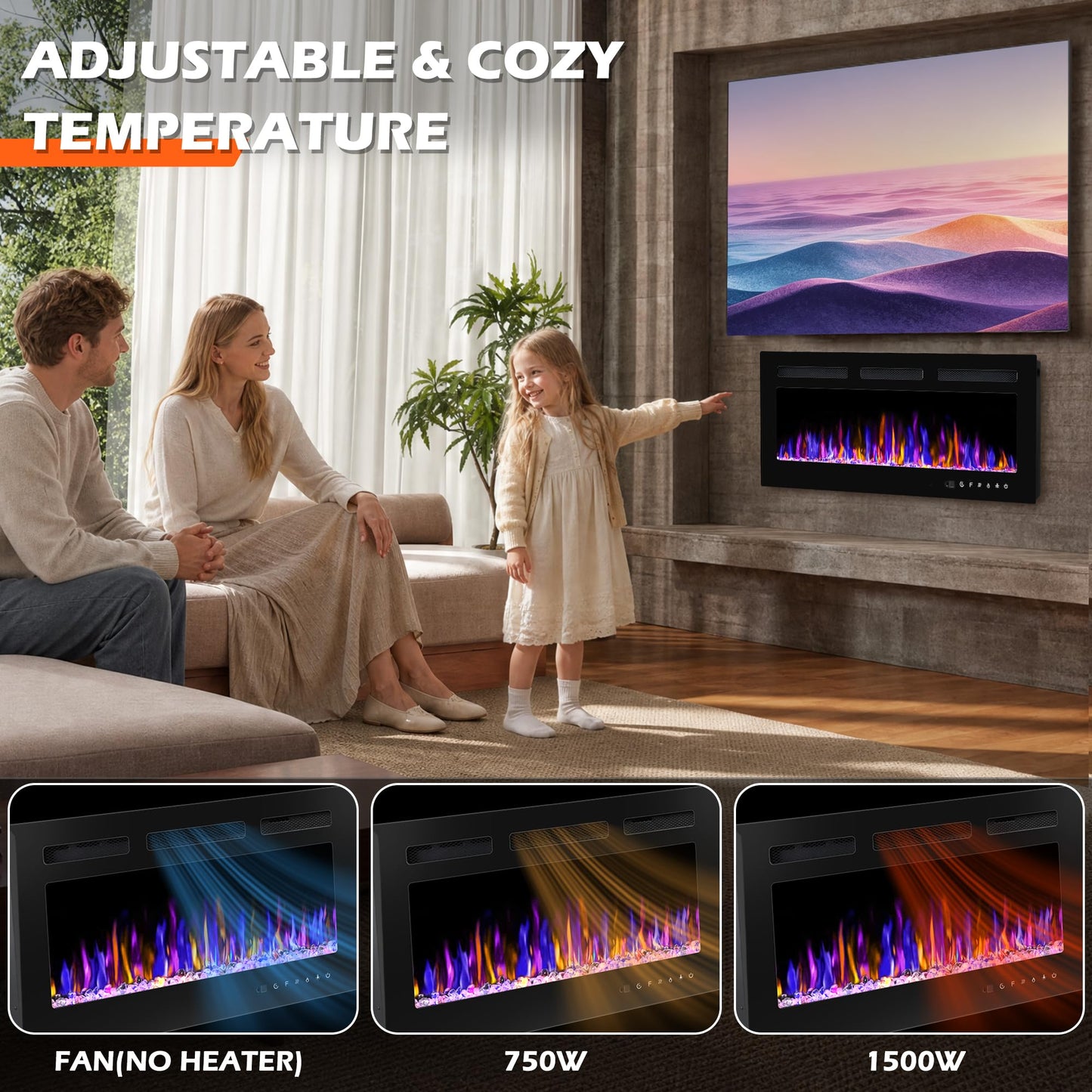BETELNUT 40" Electric Fireplace Wall Mounted and Recessed with Remote Control, 750/1500W Ultra-Thin Wall Fireplace Heater W/Timer Adjustable Flame Color and Brightness, Log Set & Crystal Options