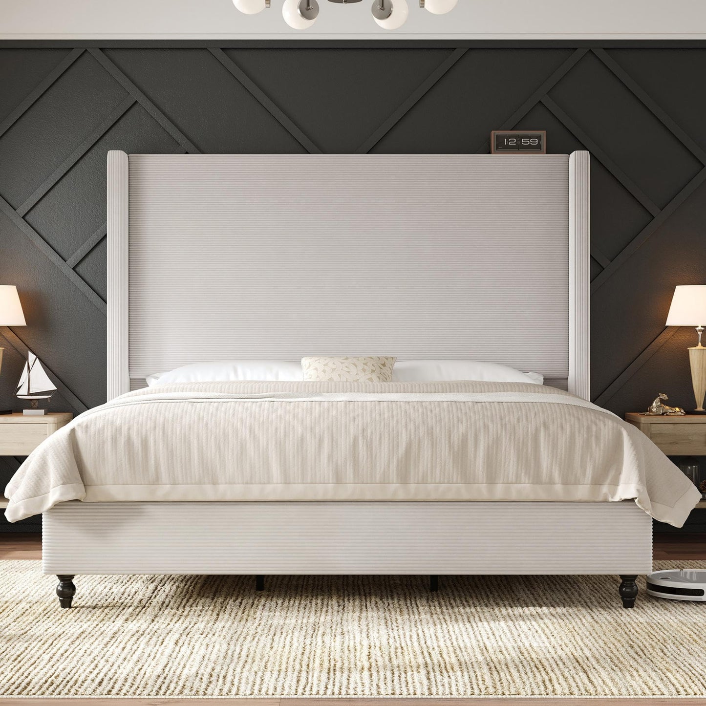 AMERLIFE Queen Bed Frame with 63" Tall Headboard, Upholstered Corduroy Bed Frame with Wingback, Platform Bed with Solid Wood Gourd Legs, Solid Slats, No Box Spring Needed, White