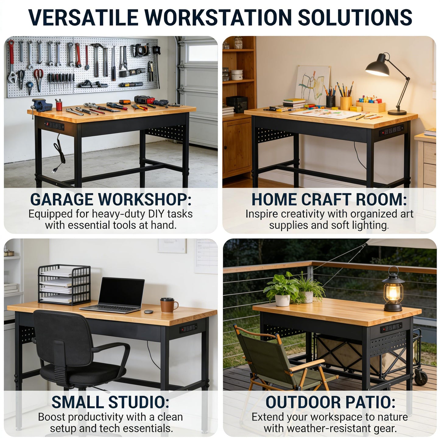 60 Inch Adjustable Workbench with Power Outlet Heavy Duty 2500 LBS Load Capacity Hardwood Work Table for Garage 6 Level Height Adjustable Workshop Bench with Wheels (60"x24")