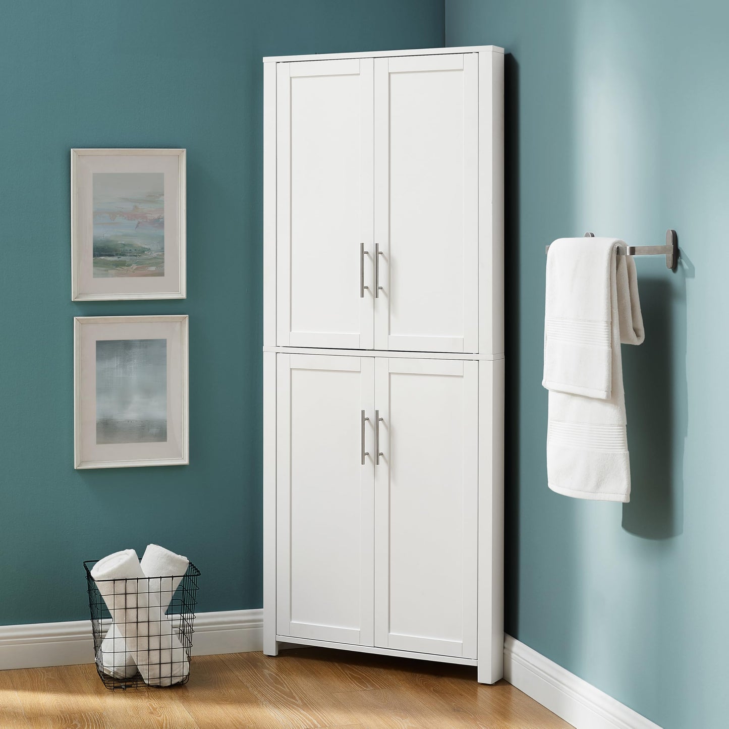 Crosley Furniture Savannah Traditional Corner Pantry Storage Cabinet with Shelves, Kitchen, Dining, Laundry, White