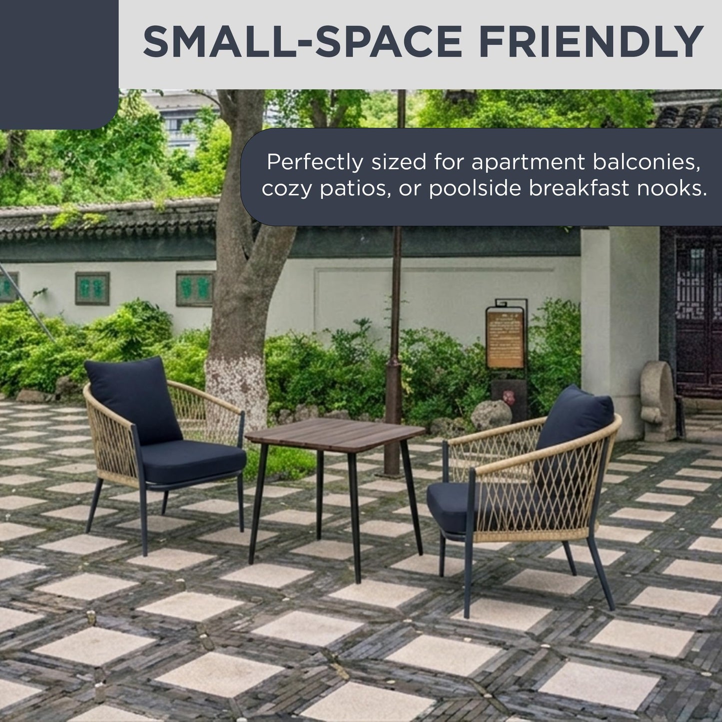 Alpine Corporation VTFAM166A 3-Piece Outdoor Patio Bistro Set – Wooden Accent Table & 2 Wicker Armchairs with Seat & Back Cushions – Modern Indoor/Outdoor Conversation Set, Natural & Black