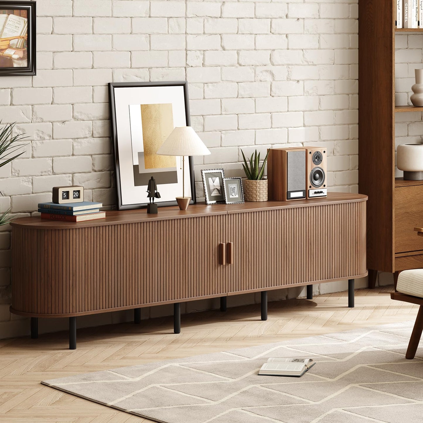 ONBRILL 86.6" TV Stand with Power Outlet for TVs up to 90 Inch, Entertainment Center with Storage and Adjustable Shelves, Modern Media Console with Sliding Doors for Living Room, Walnut