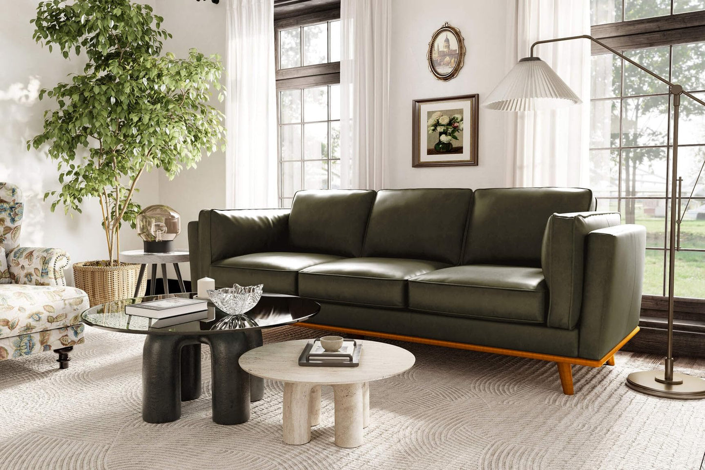Valencia Artisan Full Leather Sofa 88” | Pure Full Italian Nappa Leather Couch, Solid Wood Accent, Ultimate Comfort, Dark Green