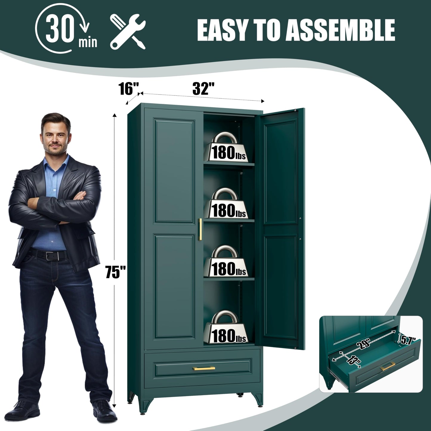 MetalMax 75" Tall Metal Storage Cabinet, Kitchen Pantry Storage Cabinets with Doors and 3 Shelves, Food Pantry Cabinet with Drawer, Utility Kitchen Cupboard, Large Steel Cabinets for Dining, Green