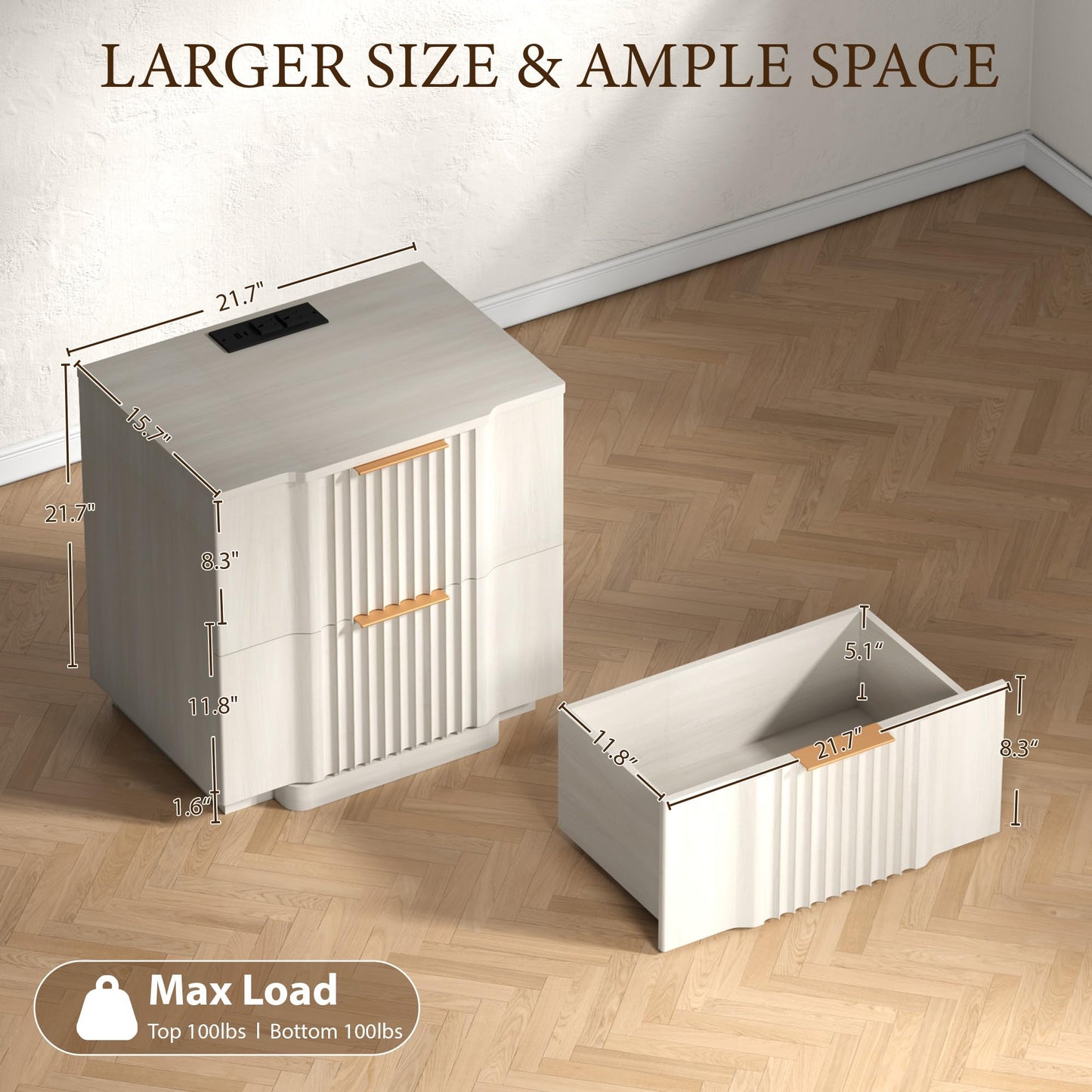 XIAO WEI Nightstand with 20W Fast Charging Station Set of 2, Fluted Nightstand with Drawers Set of 2, 21.7" Wide End Table with Storage,Night Stand for Bedroom, White