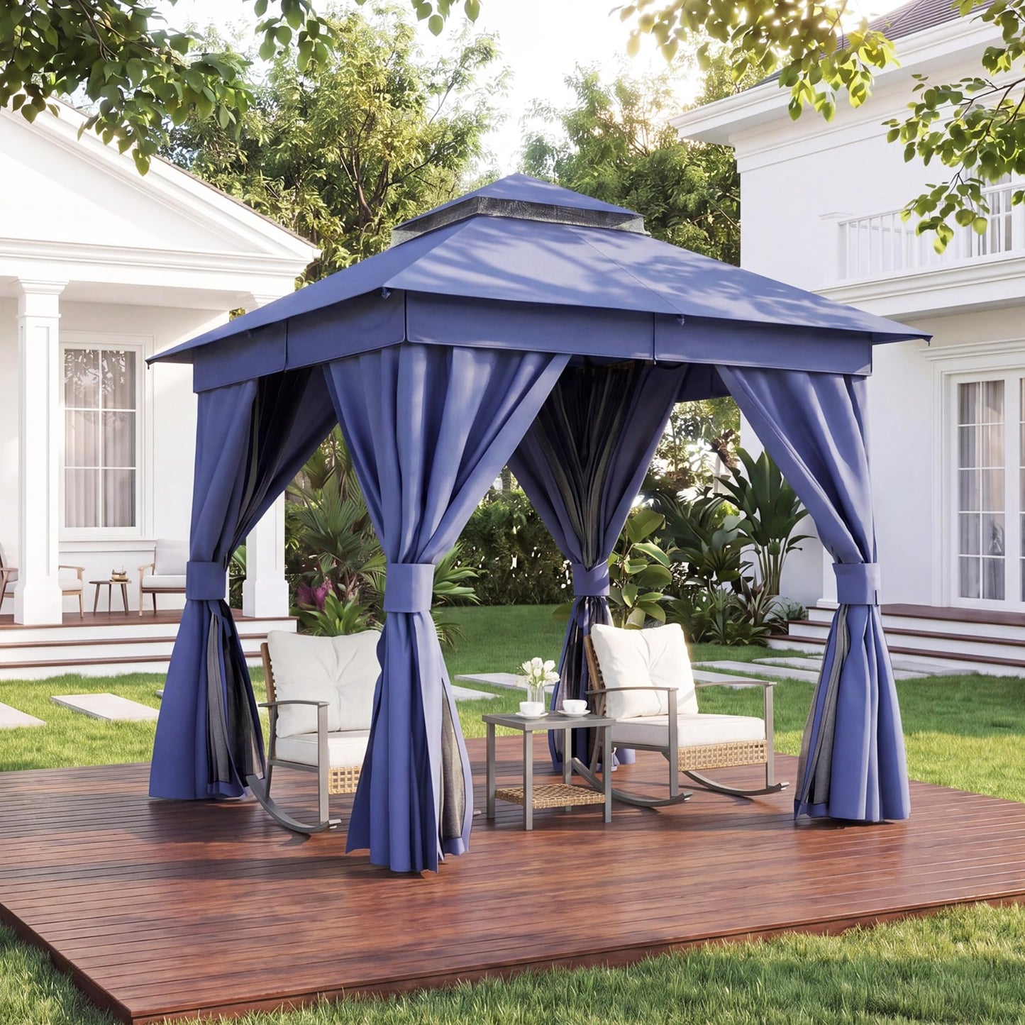EO Living 8' x 8' Outdoor Patio Gazebo, Heavy-Duty Galvanized Steel Frame with Double-Tier Roof, Mosquito Netting & Privacy Curtains for Backyard, Patio & Lawn, Navy Blue