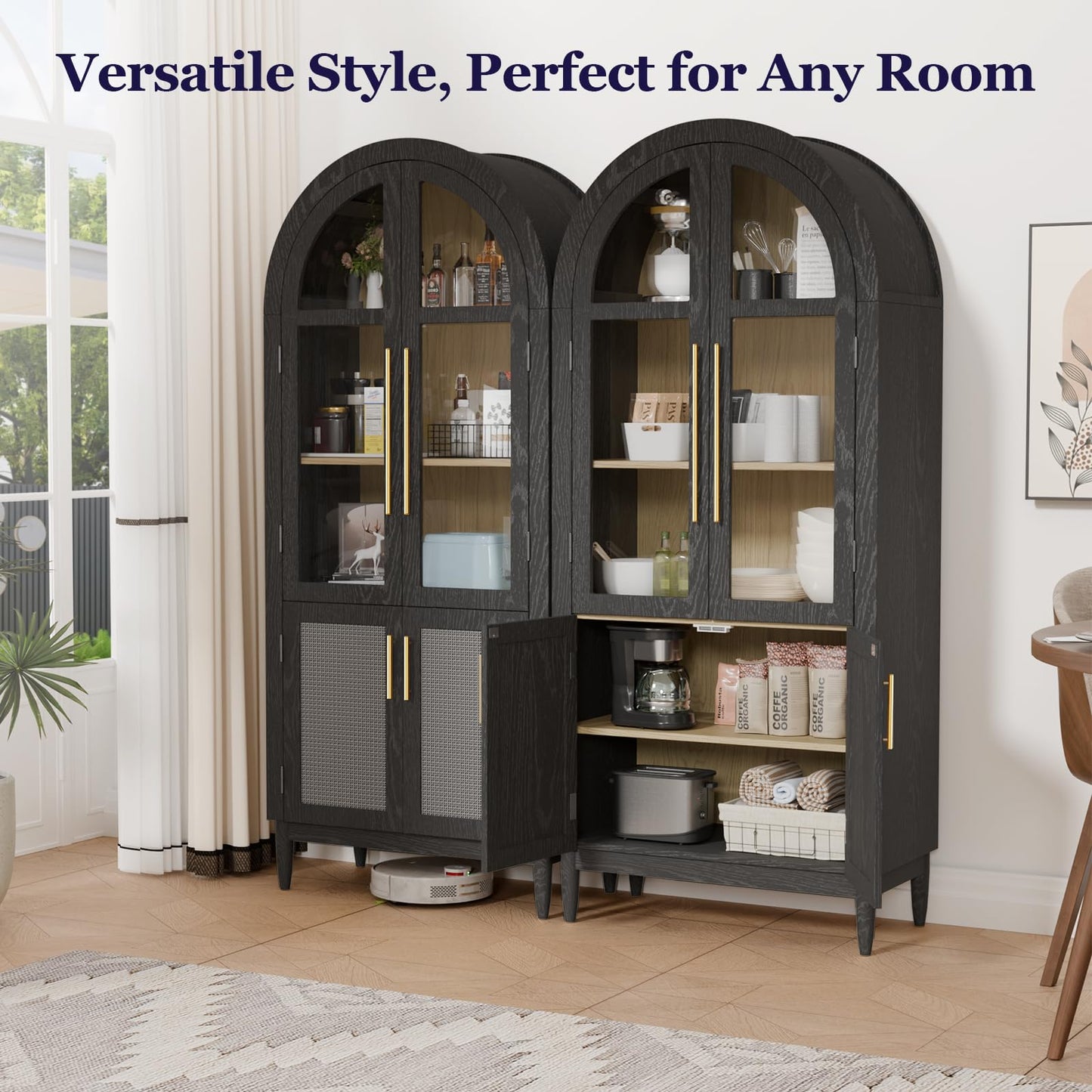TRUNBACK 71" Tall Arched Cabinet with Glass Doors, Kitchen Pantry Storage Cabinet with Dust-Proof Rattan, 5-Tier Curio China Cabinet with Adjustable Shelves for Living Room Dining Room, Black
