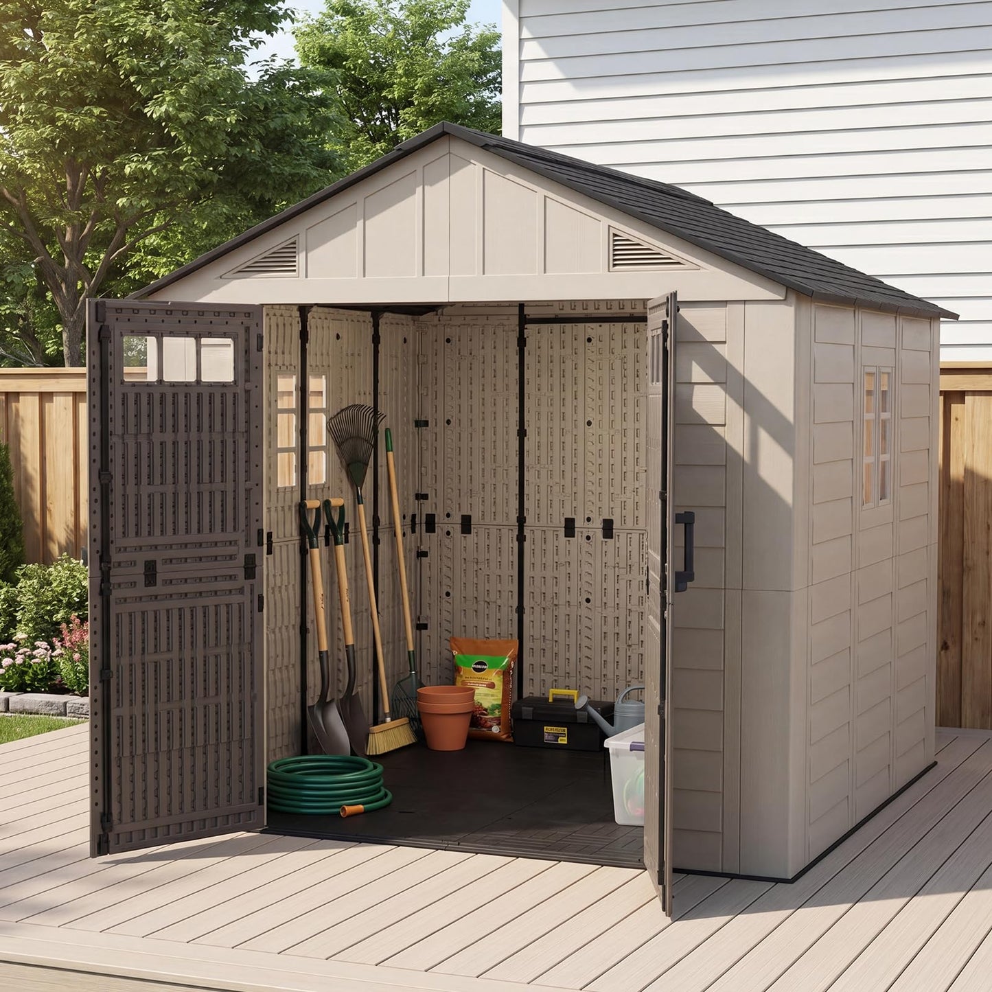 LazySunsets 8x8 Ft Outdoor Storage Shed, Large Resin Outdoor Shed with Floor Included, 2 Windows & Lockable Door, Garden Plastic Storage Sheds for Bike, Lawn Tools, Garbage Can