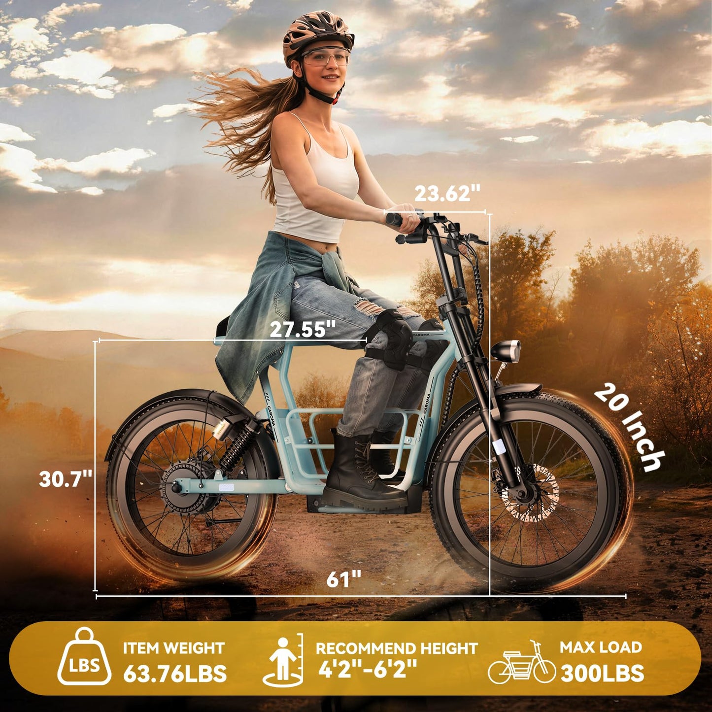 Caroma Electric Scooter for Adults with Seat Peak 1000W, 20" All-Terrain Fat Tire Electric Bike,Dual Shock Absorbing, 25 Miles & 20MPH Top Speed E-Scooter with Basket for Pet&Cargo,Blue