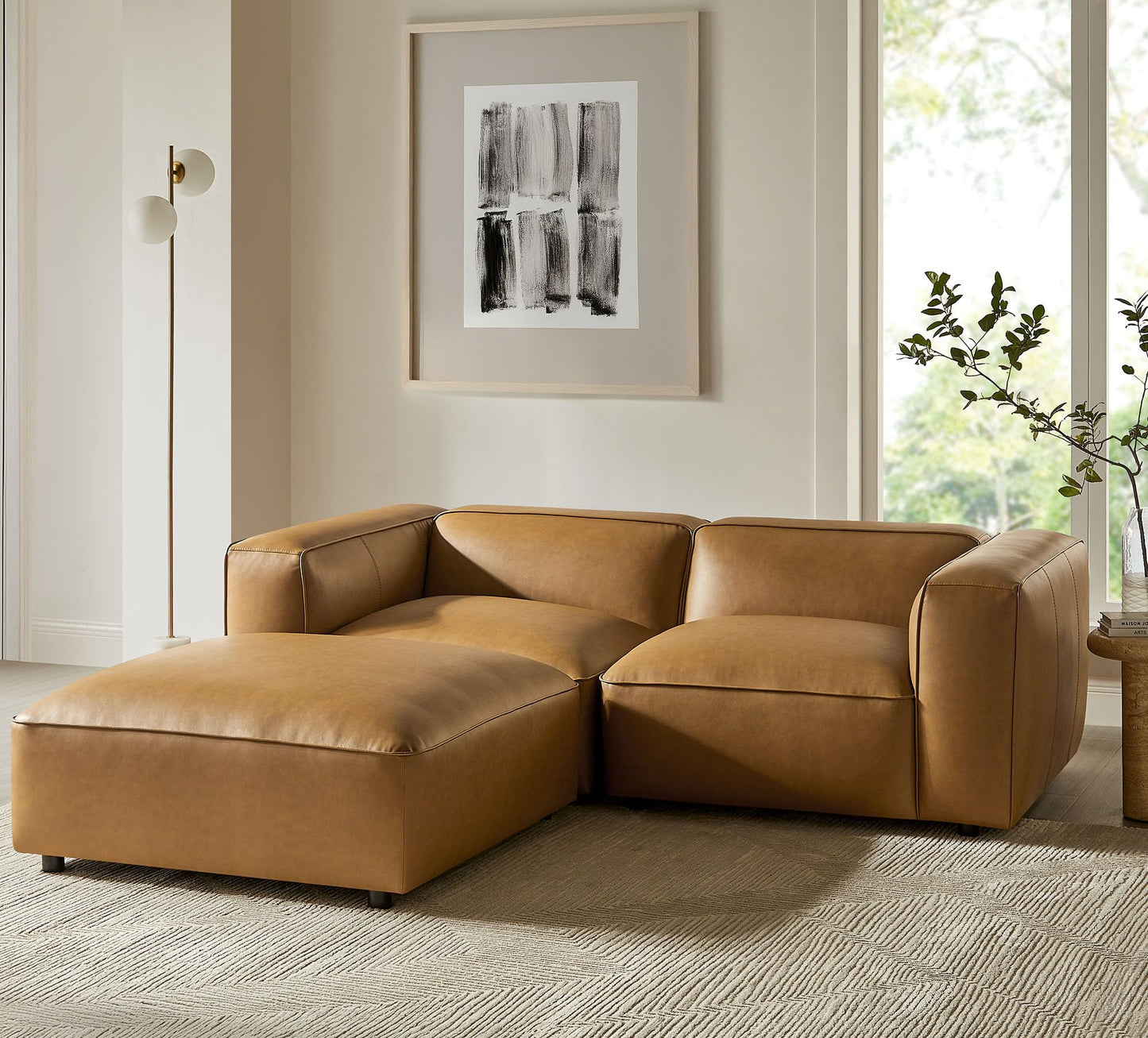 Modway Auren Vegan Leather 3 Piece Modular Sofa in Camel - Faux Leather Loveseat with Ottoman - Comfy 2 Seater Sofa with Footstool - Mid Century Couch for Living Room, Apartment, Loft