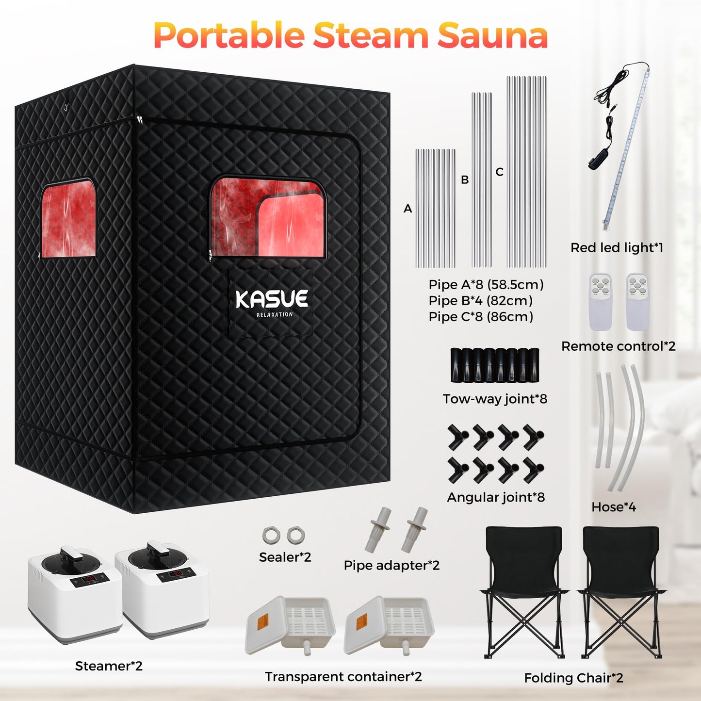 KASUE Upgraded 2 Person Sauna Box, Portable Infrared Sauna with 5-Layer Waterproof, 2 Steamers, 2 Folding Chair, 71”x 36”x 49” for Indoor, Outdoor, Gym, Spa, Carbon Black