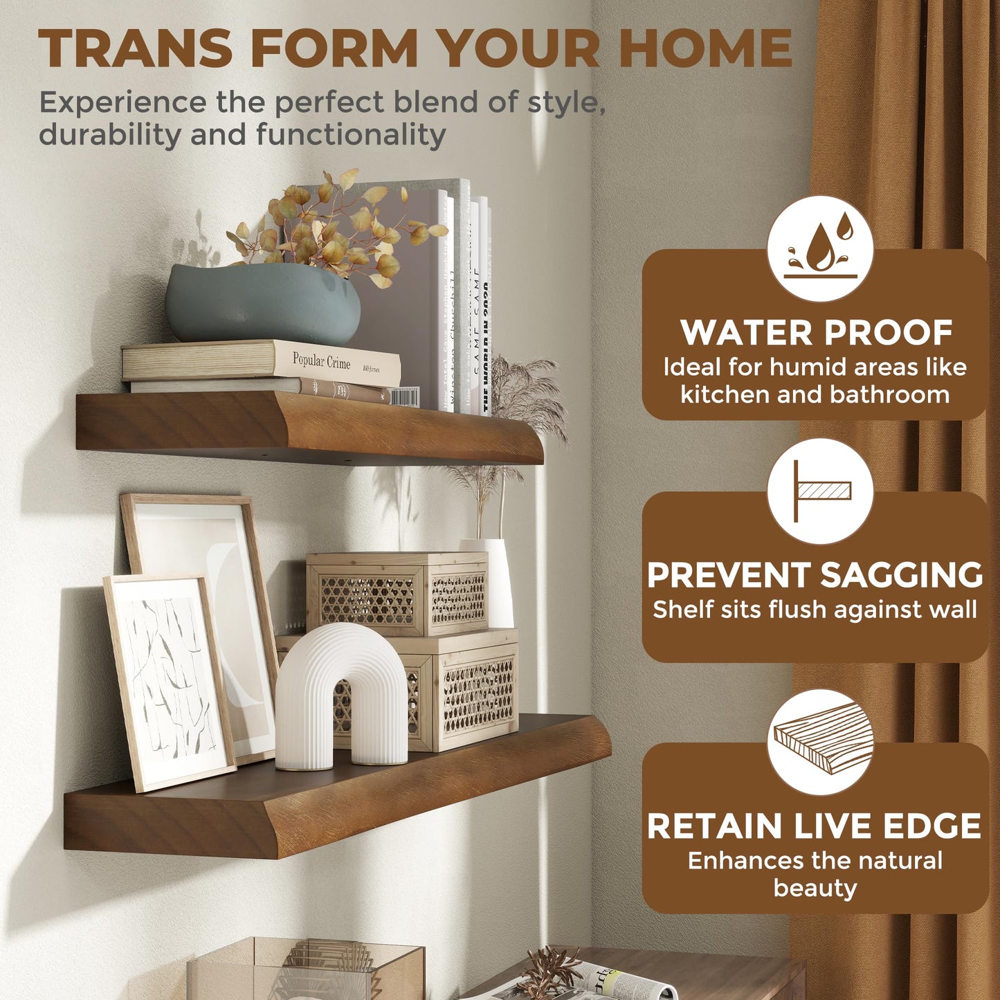 RICHFOCUS Live Edge Wood Floating Shelves 72" Natural Solid Wood Wall Mounted Shelf|Extra Long Floating Shelves for Wall with Invisible Bracket for Bathroom Kitchen Room|1Pcs, Walnut