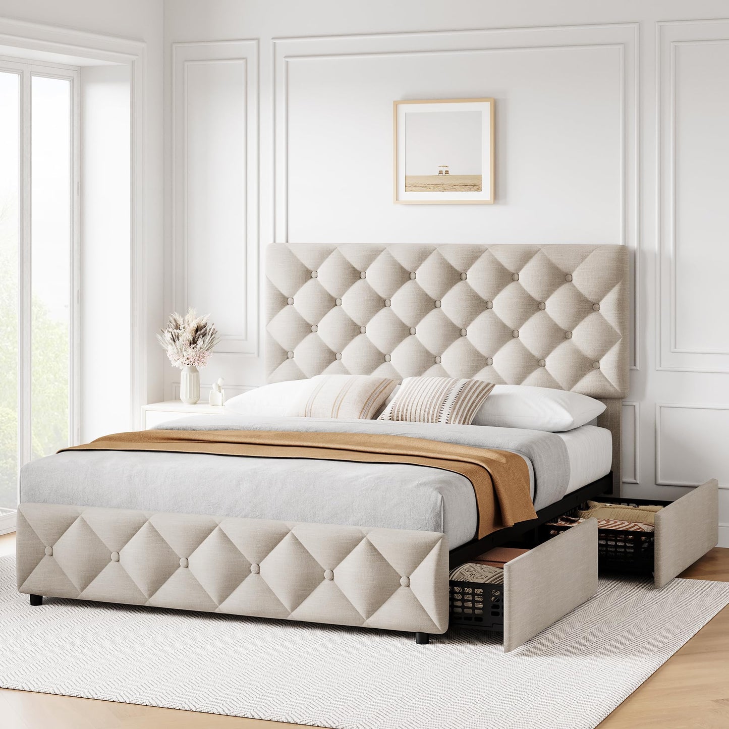 IDEALHOUSE Full Size Bed Frame with 4 Drawers, Upholstered Platform Bed Frame with Headboard, Wooden Slat, No Box Spring Need, Beige